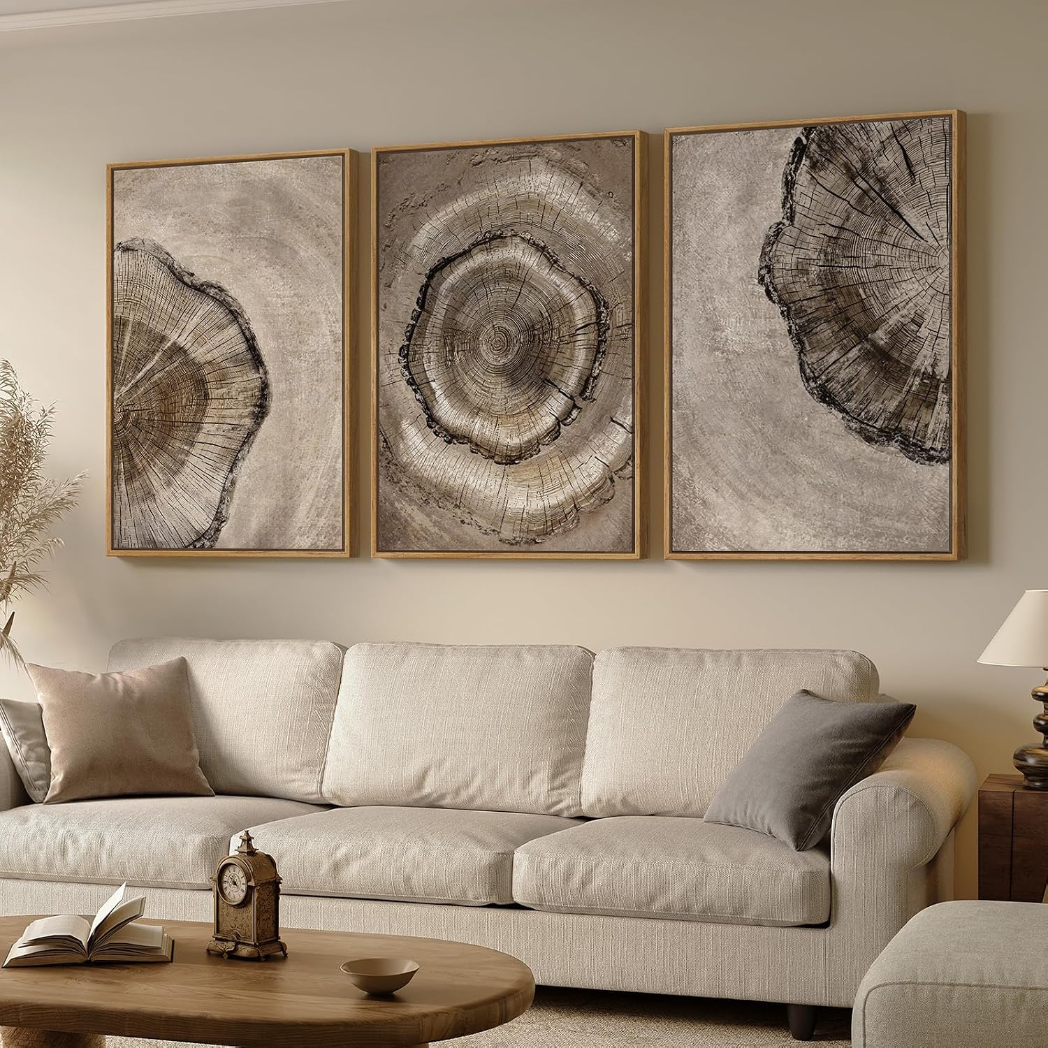 Large Framed Neutral Vintage Wall Art for Living Room, 3 Piece Retro Rustic Tree Ring Prints Canvas Artwork for Walls, Nature Paintings Pictures for Bedroom Hallway Home Office Wall Decor, 24x36 Inch