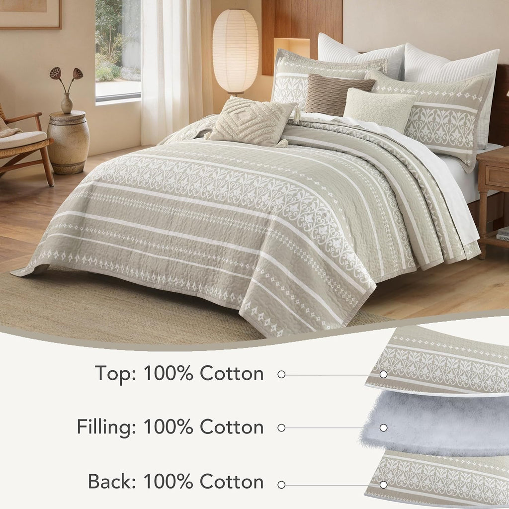 100% Cotton Quilt Set King Size - Beige and White Boho Quilt Bedding Set - Bohemian Striped Quilt Set with 2 Shams - All-Season Lightweight Coverlet & Bedspread 3 Piece