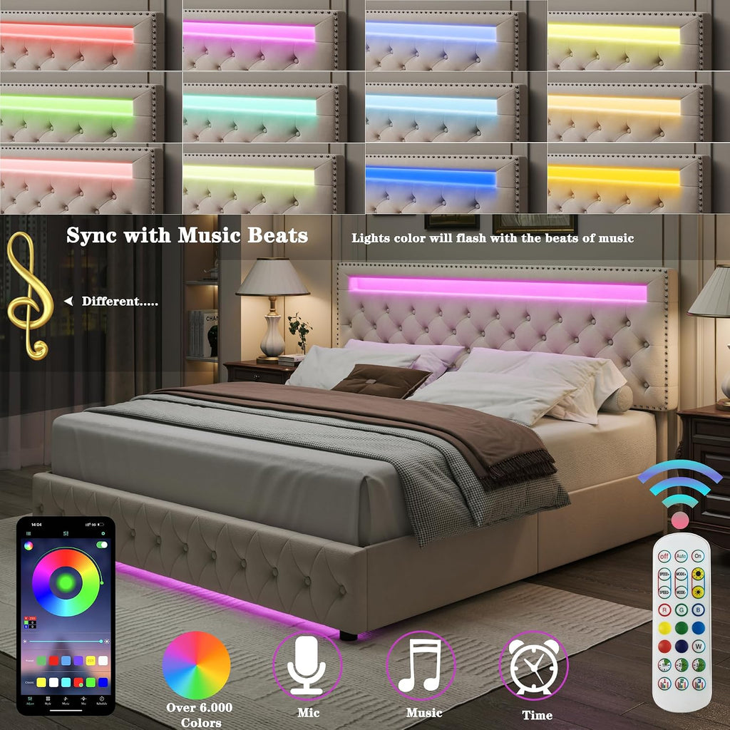 Full LED Bed Frame with 4 Drawers, Platform Bed with Headboard, Adjustable Upholstered Diamond Headboard and Frame, No Box Spring Needed, Wooden Slats Support,Velvet Cream