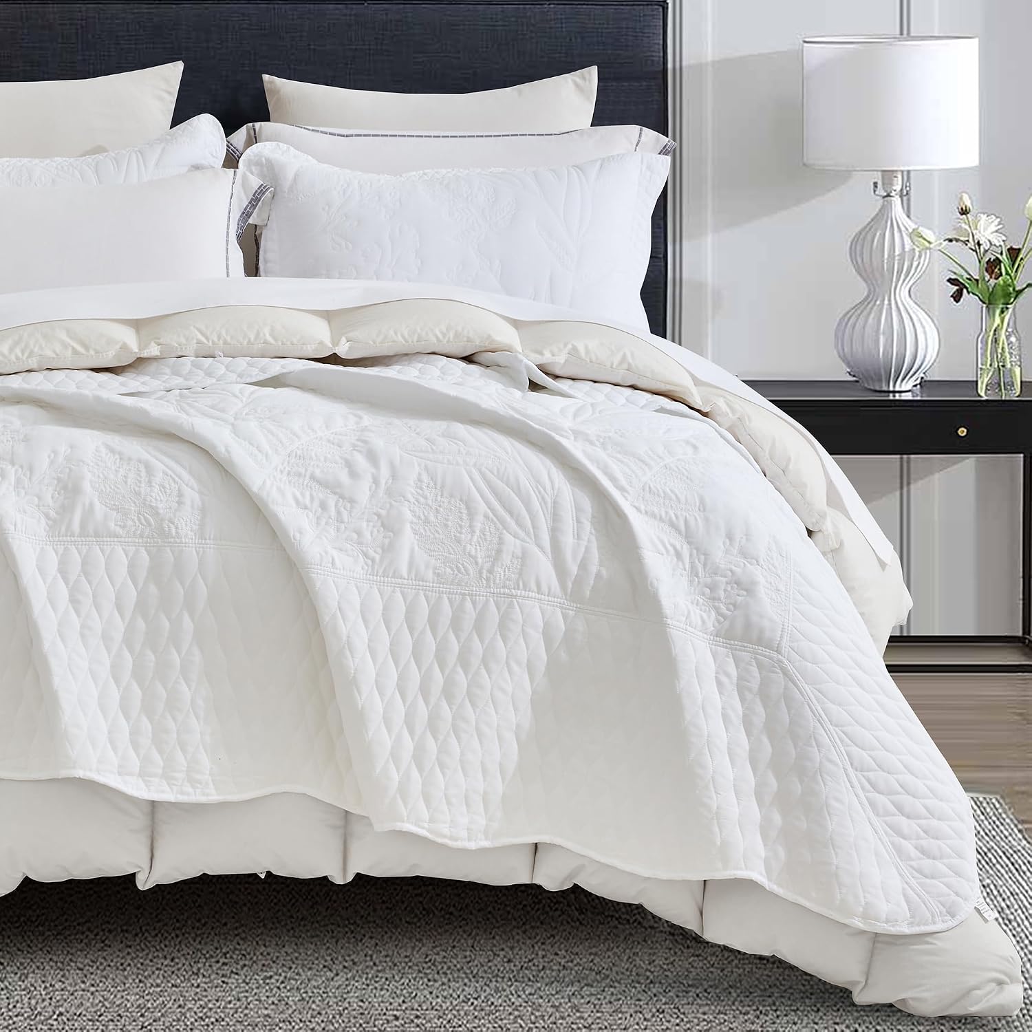 DaisyHuang Botanical Oversized Bedspread King Size - Leaves Pattern Stitching Quilt Set - Elegant & Fresh Style Bedding Coverlets, Reversible, Lightweight, 5 Piece, White