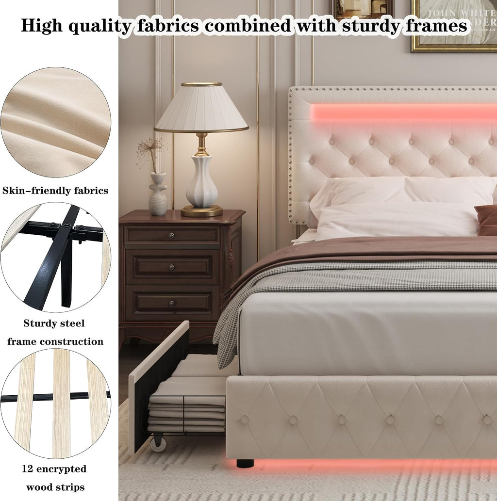 Full LED Bed Frame with 4 Drawers, Platform Bed with Headboard, Adjustable Upholstered Diamond Headboard and Frame, No Box Spring Needed, Wooden Slats Support,Velvet Cream
