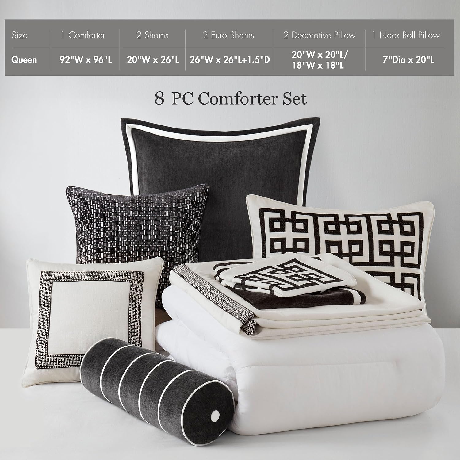 Madison Park Signature Queen Comforter Set Hotel Style Embroidered, Oversized Comforters Queen Size Bed, All Season Down Alternative Overfilled Queen Size Comforter, Jarvis, Queen Black/White 8 Piece