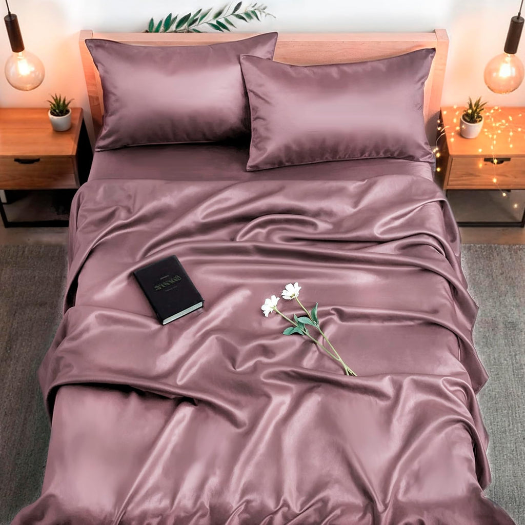 Colorado Home Co SUNDAYSILKS | Mulberry Silk Bed Sheets | 4PC Queen Set | Natural Bedding | Soft & Durable | Grade 6A Organic Real Silk [Deep Mauve]
