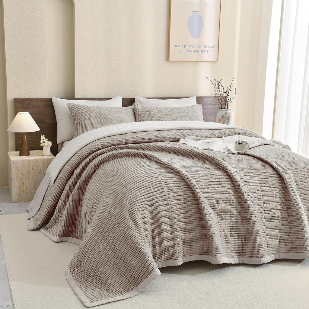 Sanracie Oversized King Bedspread(120'x120'), Cotton Waffle Weave Quilt Set 3Pcs Soft Lightweight Farmhouse Oversized King Quilt Bedding Set,Luxury Bedding Coverlet for All Seasons