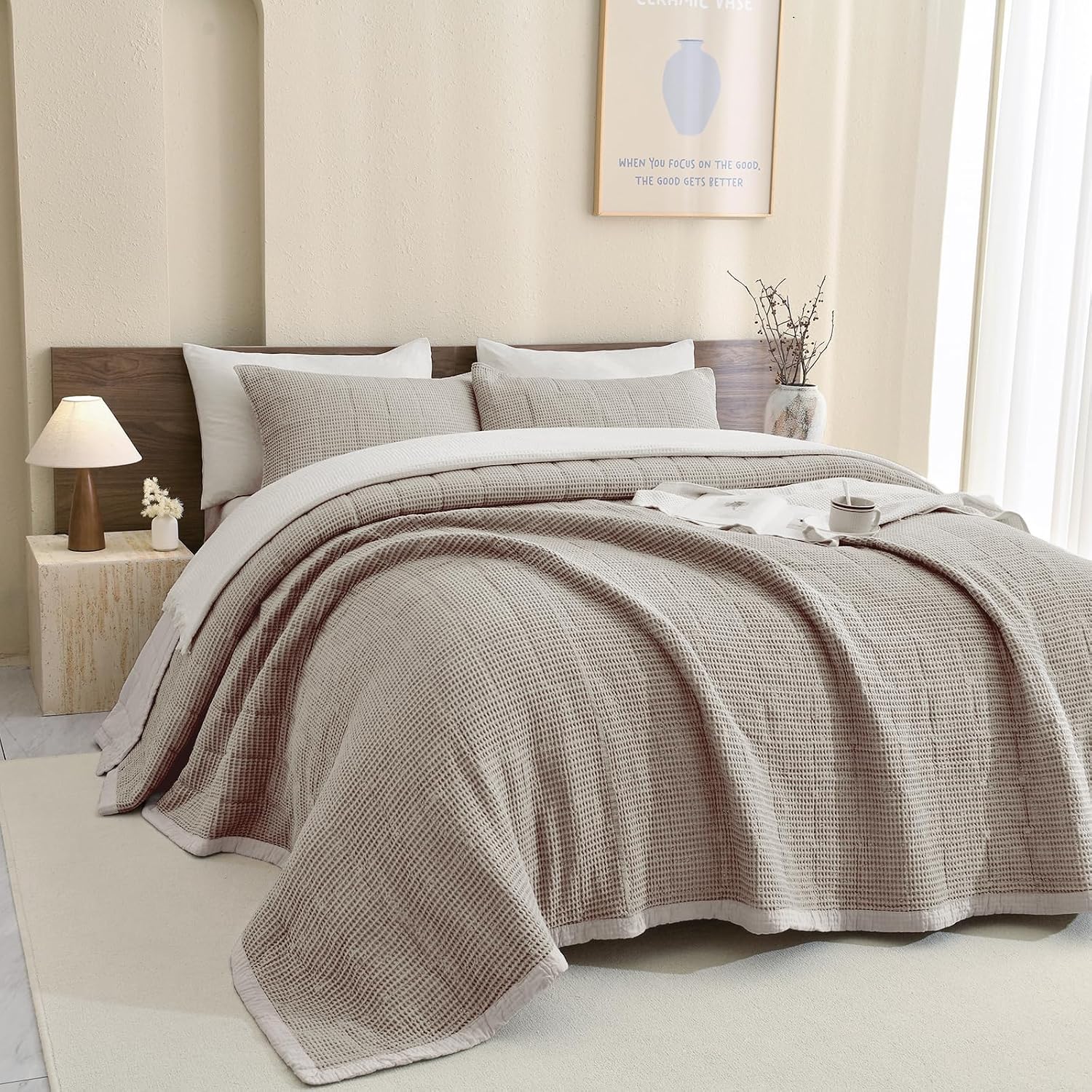 Sanracie Oversized King Bedspread(120'x120'), Cotton Waffle Weave Quilt Set 3Pcs Soft Lightweight Farmhouse Oversized King Quilt Bedding Set,Luxury Bedding Coverlet for All Seasons