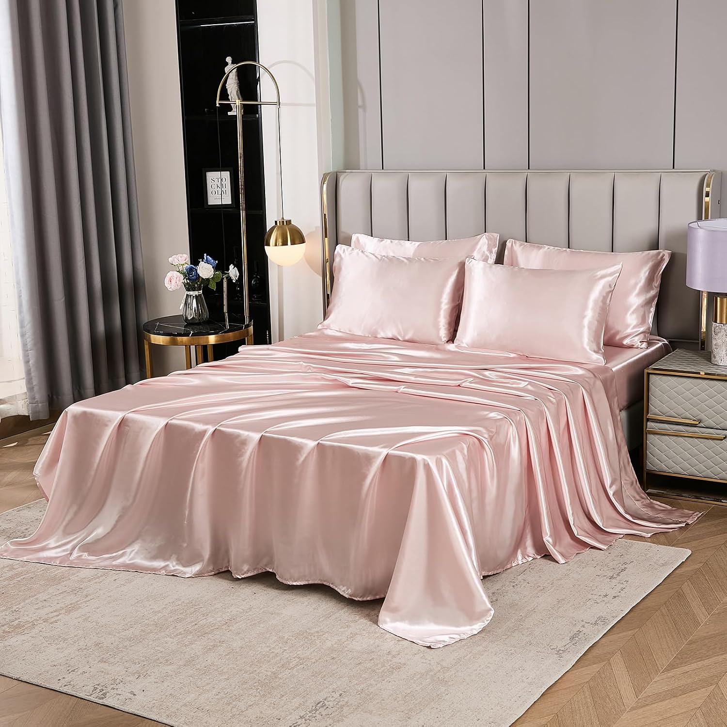 Herside Pink Mocha Satin Comforter Set 7 Pcs King Size Bed in a Bag Luxury Satin Bedding Set with Comforter Pillowcases and Sheets Sets Mini Pompoms Design Super Soft Silky Bed Set for All Seasons
