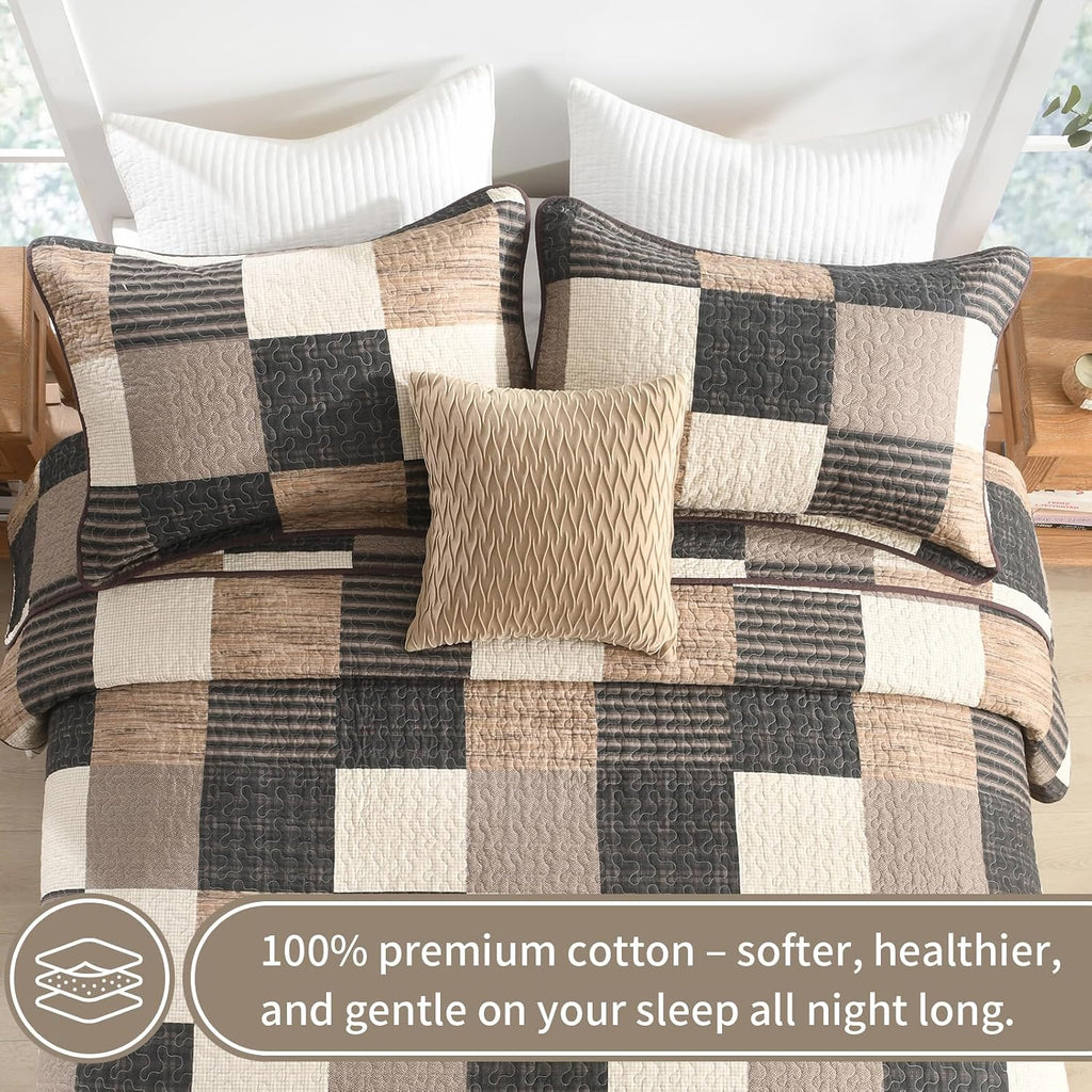 KALOOLA 100% Cotton King Size Quilt Set - Lightweight Farmhouse Quilted Bedspread with 2 Pillowshams for King Bed, Reversible Printed Plaid Design Bedding for All Season, Charcoal/Beige/Brown, 3Pcs