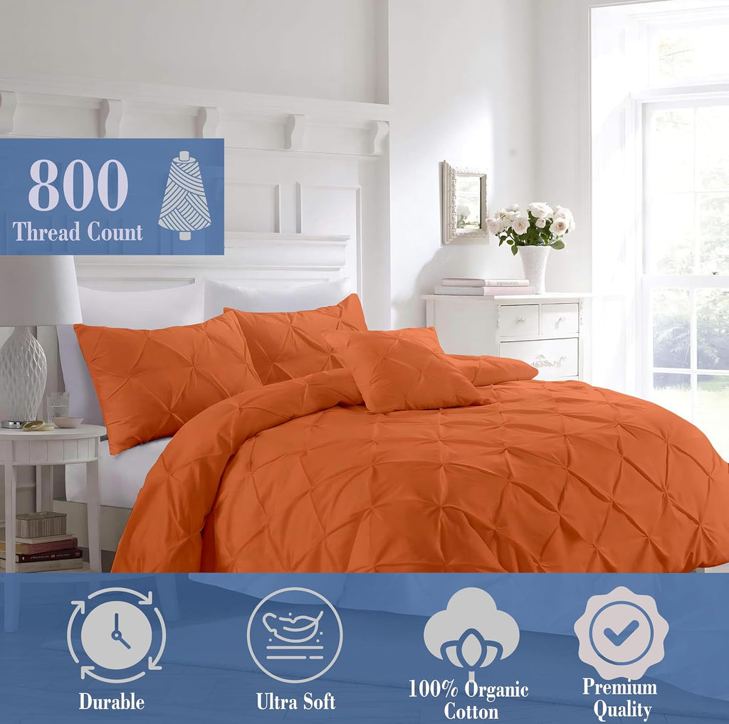 Luxury Burnt Orange Pinch Pleated Pintuck Duvet Cover Set Oversized King Plus 120'x128' Size Egyptian Cotton Luxury Soft & Breathable Comforter Cover with Corner Ties & Zipper Closure
