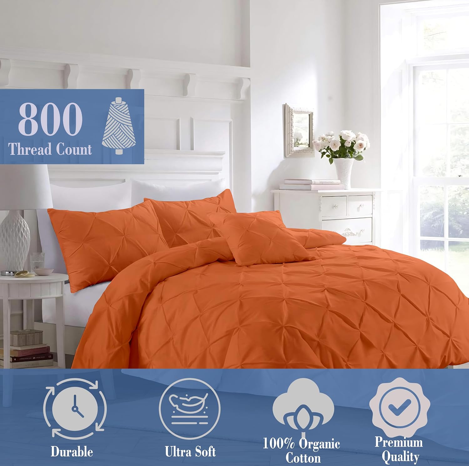 Luxury Burnt Orange Pinch Pleated Pintuck Duvet Cover Set Oversized King Plus 120'x128' Size Egyptian Cotton Luxury Soft & Breathable Comforter Cover with Corner Ties & Zipper Closure