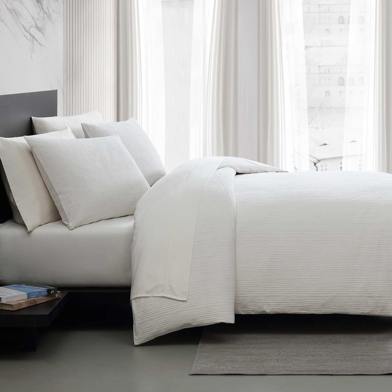 Vera Wang - Comforter Set, Luxurious Bedding Set with Matching Shams, Grid Pattern Design, Chic Room Essentials (Bark Texture White, Queen)