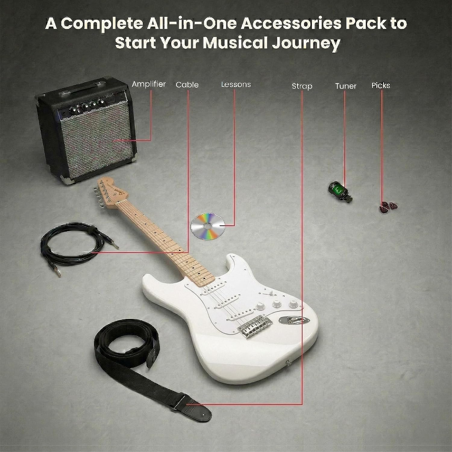 Fender Squier Sonic Stratocaster HT - Arctic White Bundle with Frontman 10G Amp, Instrument Cable, Tuner, Strap, Picks, and Austin Bazaar Instructional DVD
