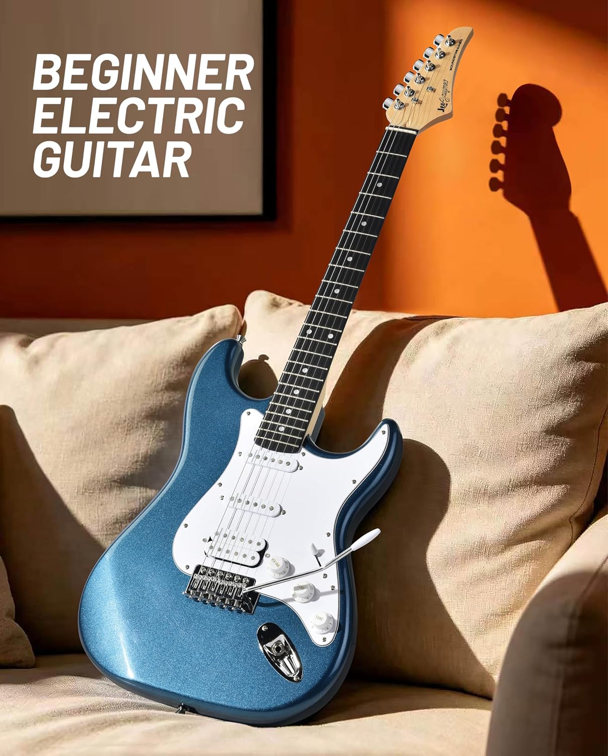 Leo Jaymz Beginner Electric Guitar 39' Kit with Portable Amplifier, Padded Gig Bag, Digital Tuner，Capo，Strap，Picks，HSS Pickups(Blue-HSS)