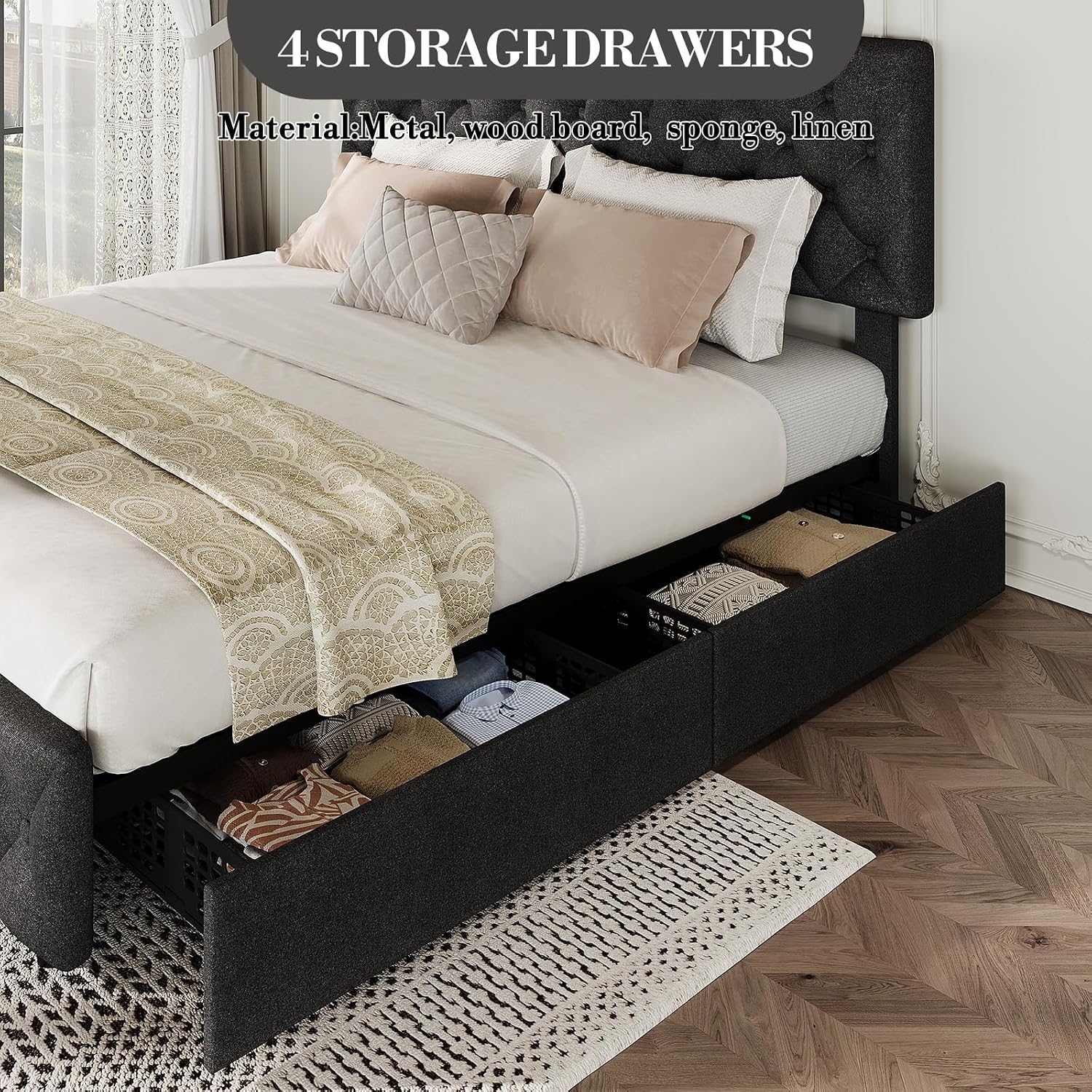 King Size Bed Frame with 4 Storage Drawers & Headboard, Linen Upholstered Platform Bed Frame, Stylish Diamond Tufted Design, No Box Spring Needed | Black