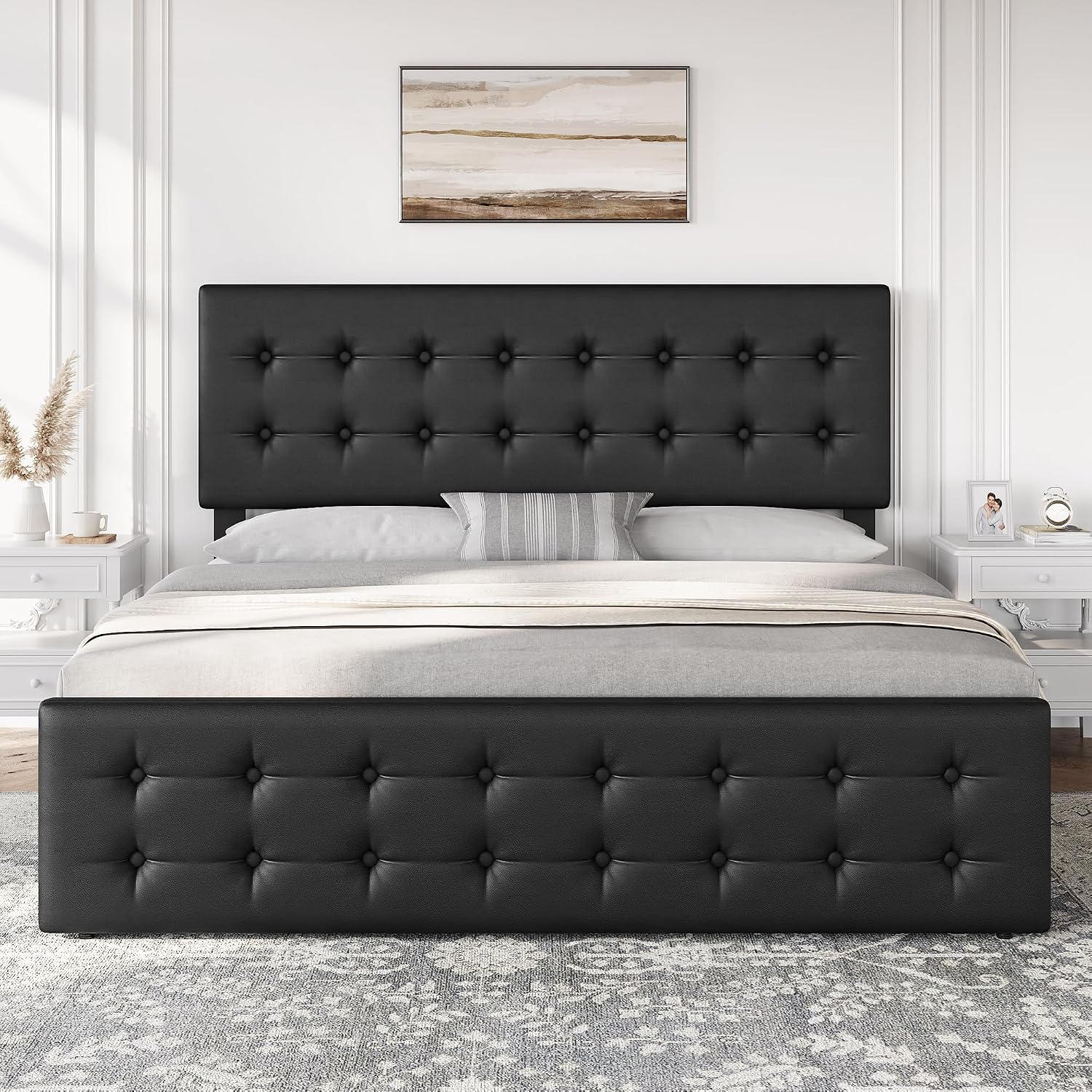 GAOMON King Size Bed Frame with 4 Drawers and Adjustable Headboard, PU Leather Upholstered Platform Bed with Button Tufted Design, No Box Spring Needed, Strong Wooden Slats, Black