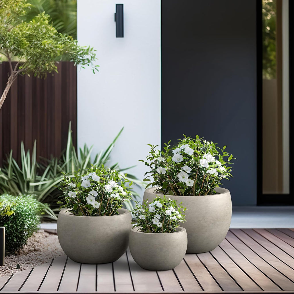 Kante 19.9',15.7',11.8' Dia Round Concrete Planter Set of 3, Outdoor/Indoor Large Bowl Plant Pots with Drainage Hole and Rubber Plug for Garden Patio Balcony Home, Weathered Concrete