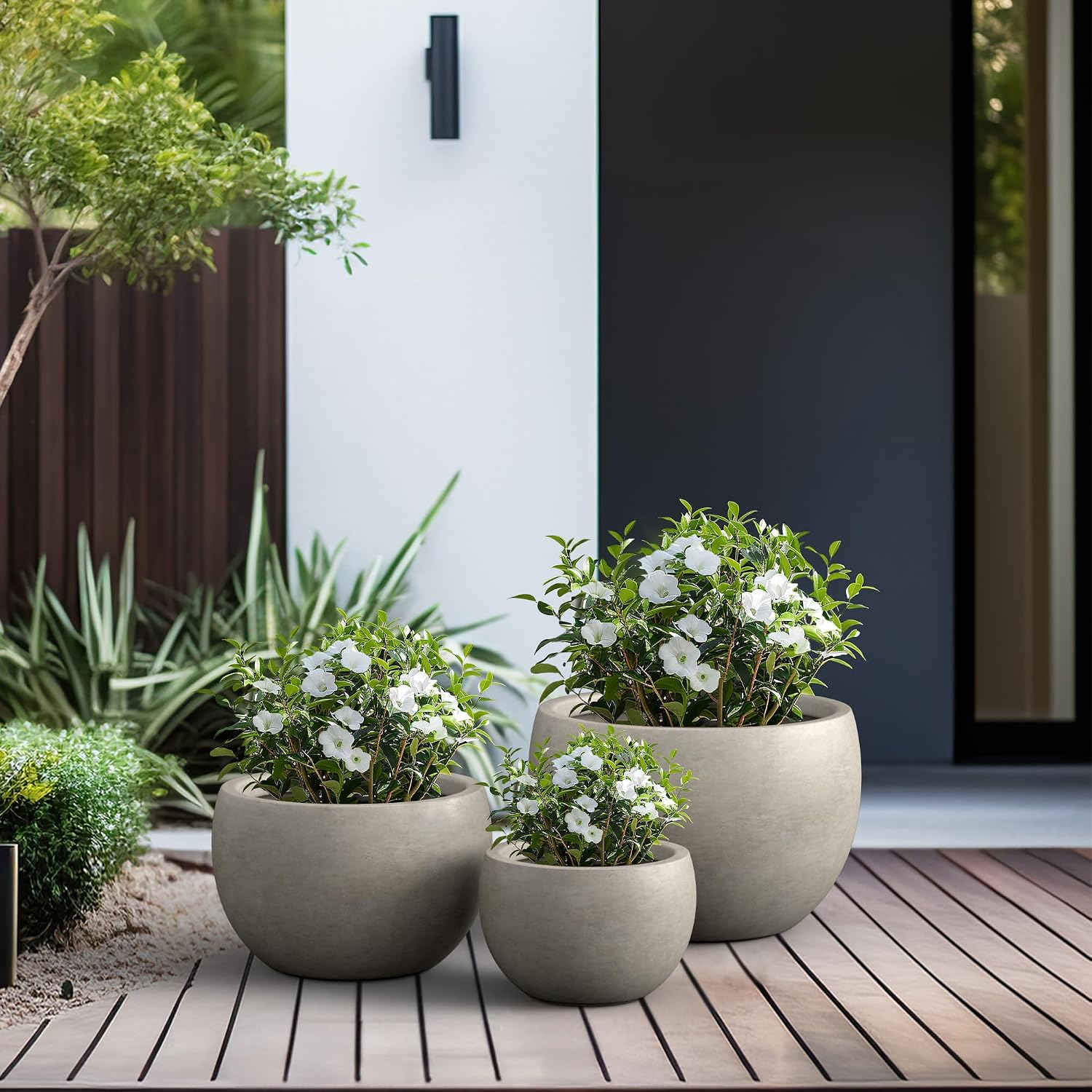 Kante 19.9',15.7',11.8' Dia Round Concrete Planter Set of 3, Outdoor/Indoor Large Bowl Plant Pots with Drainage Hole and Rubber Plug for Garden Patio Balcony Home, Weathered Concrete