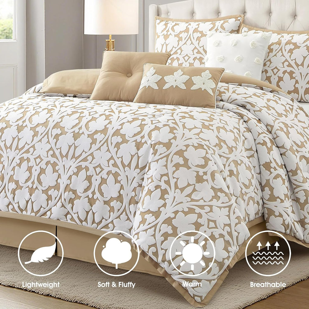 LANCO MODERN LIFESTYLE 7 Pieces Comforter Set, California King, Khaki, Jacquard Floral Pattern and Classy Damask Medallion Design, Ultra Soft, Includes Bed Skirt, Shams and Decorative Pillows