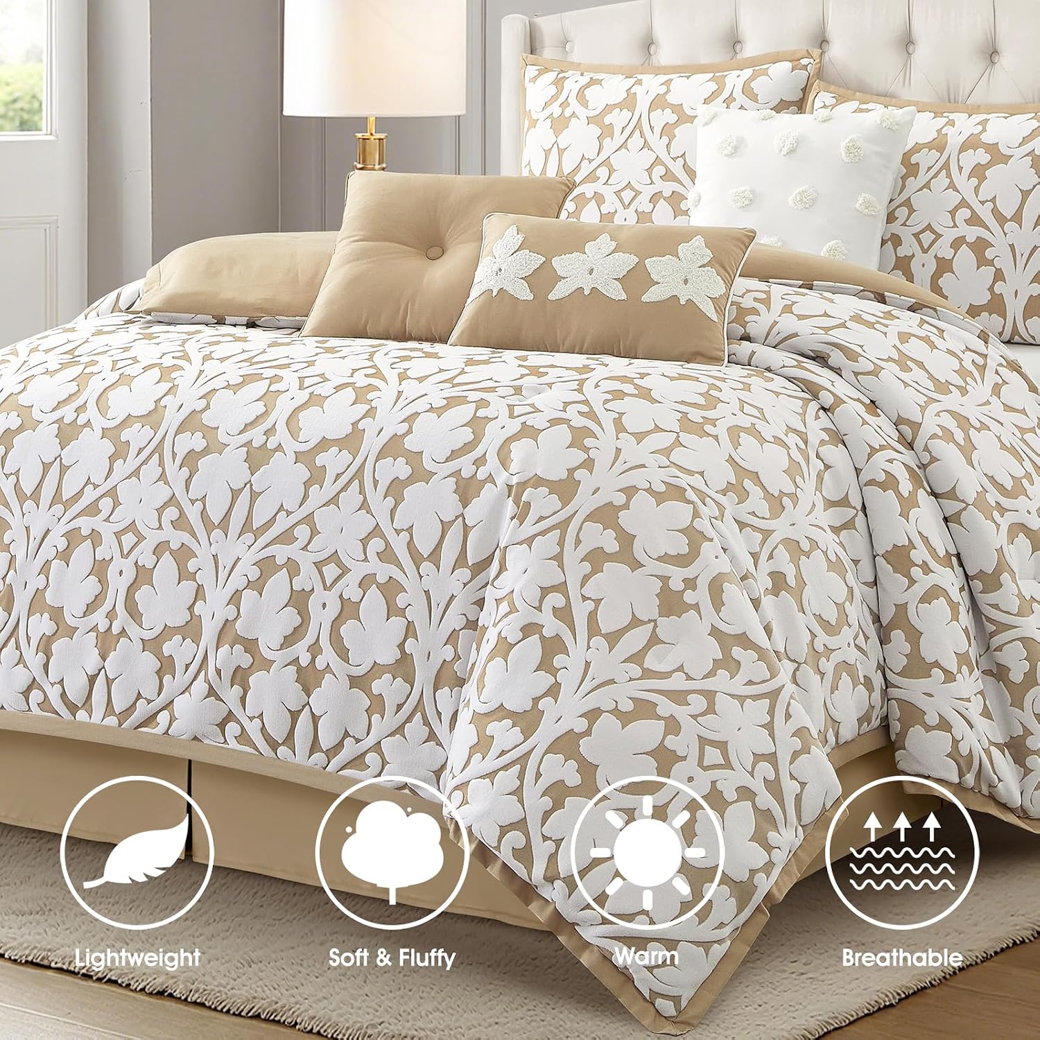 LANCO MODERN LIFESTYLE 7 Pieces Comforter Set, California King, Khaki, Jacquard Floral Pattern and Classy Damask Medallion Design, Ultra Soft, Includes Bed Skirt, Shams and Decorative Pillows