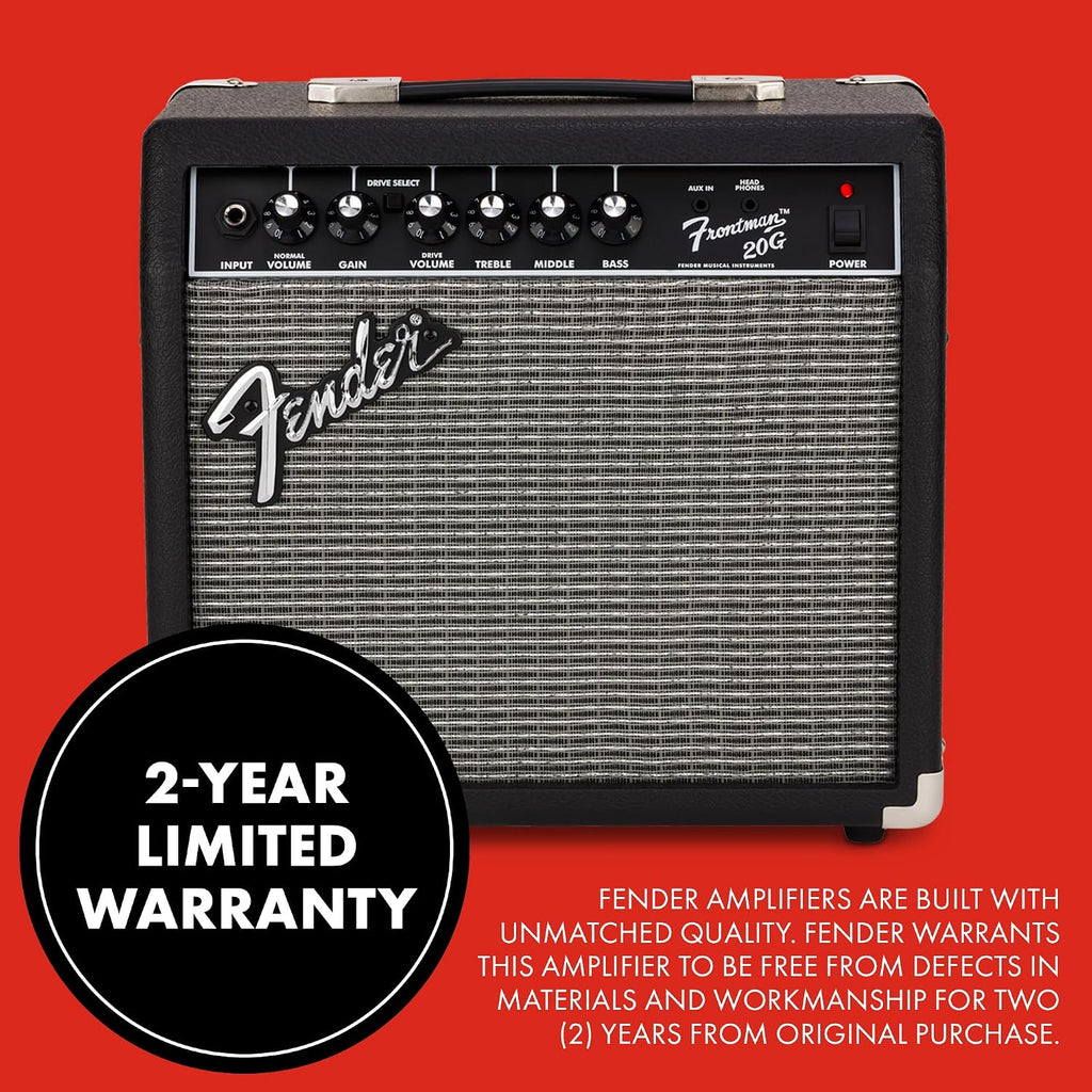 Fender Frontman 20G Electric Guitar Amplifier, 20-Watt Practice Amp with 8' Speaker, Clean & Drive Channels, 3-Band EQ, Aux In & Headphone Jack, with 2-Year Warranty
