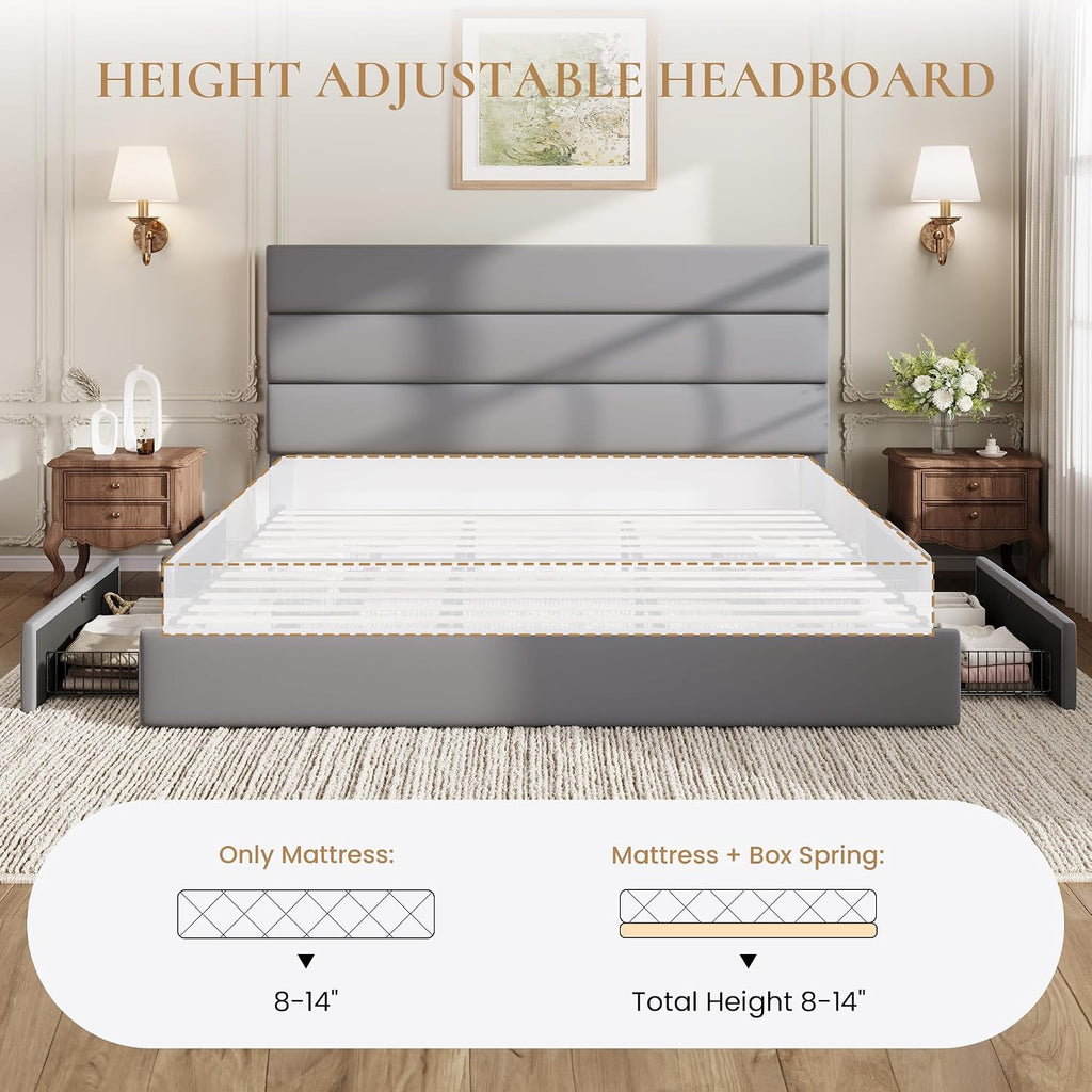 SHA CERLIN King Size Platform Bed Frame with 4 Storage Drawers, Velvet Upholstered Headboard, Mattress Foundation with Wooden Slats Support, No Box Spring Needed, Easy Assembly, Grey