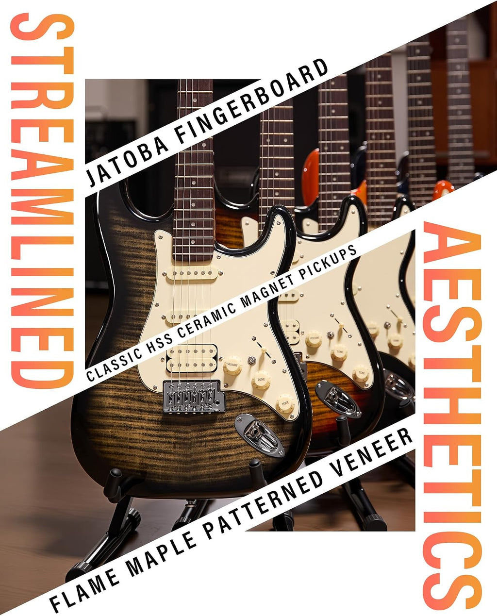AKLOT Beginner Electric Guitar Kit: 10W Amp, Coil-Split HSS Pickups, Lesson Book, Roasted Maple Neck, Gig Bag, Tuner, Strap, Picks, Stryde Obsidian Black