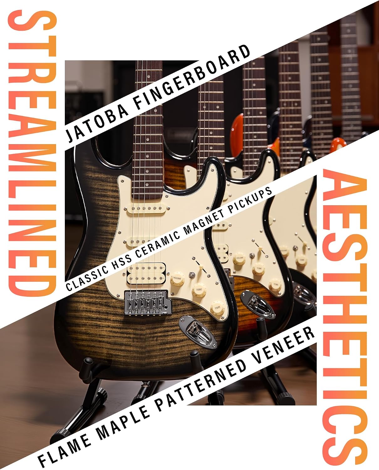 AKLOT Beginner Electric Guitar Kit: 10W Amp, Coil-Split HSS Pickups, Lesson Book, Roasted Maple Neck, Gig Bag, Tuner, Strap, Picks, Stryde Obsidian Black