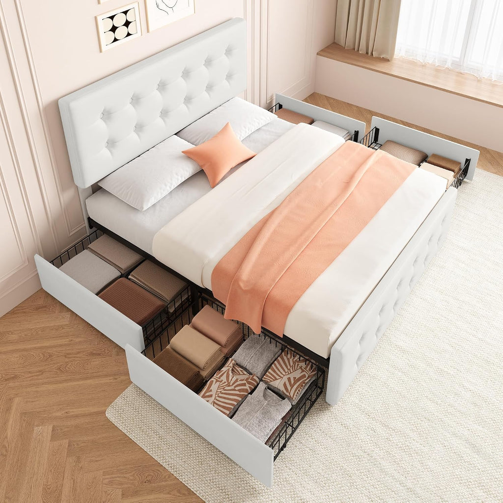 Queen Size Platform Bed Frame with 4 Storage Drawers & Headboard, Faux Leather Upholstered, Button Tufted Design, Wooden Slats Support, Noise-Free Mattress Foundation, No Box Spring Needed, Beige