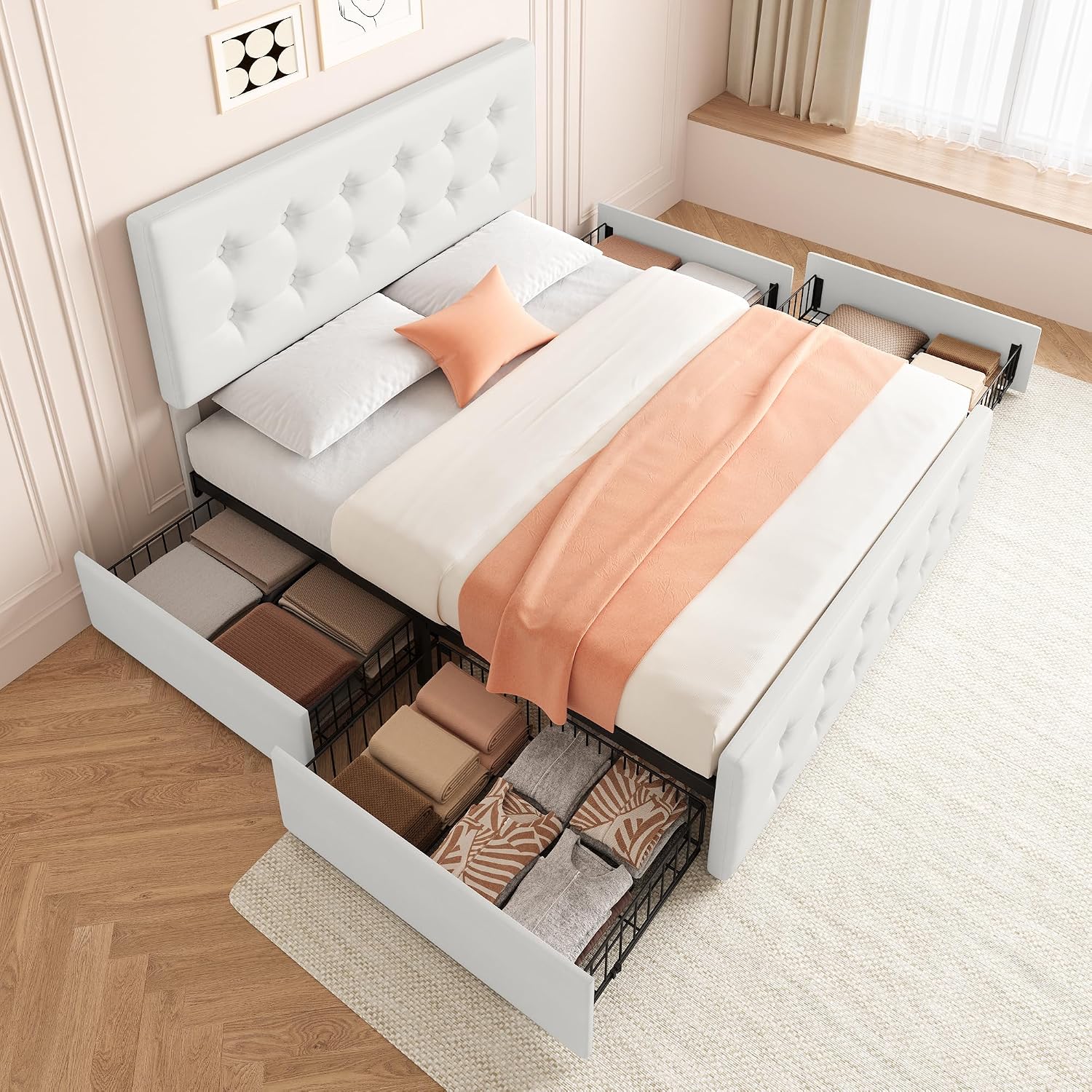 Queen Size Platform Bed Frame with 4 Storage Drawers & Headboard, Faux Leather Upholstered, Button Tufted Design, Wooden Slats Support, Noise-Free Mattress Foundation, No Box Spring Needed, Beige