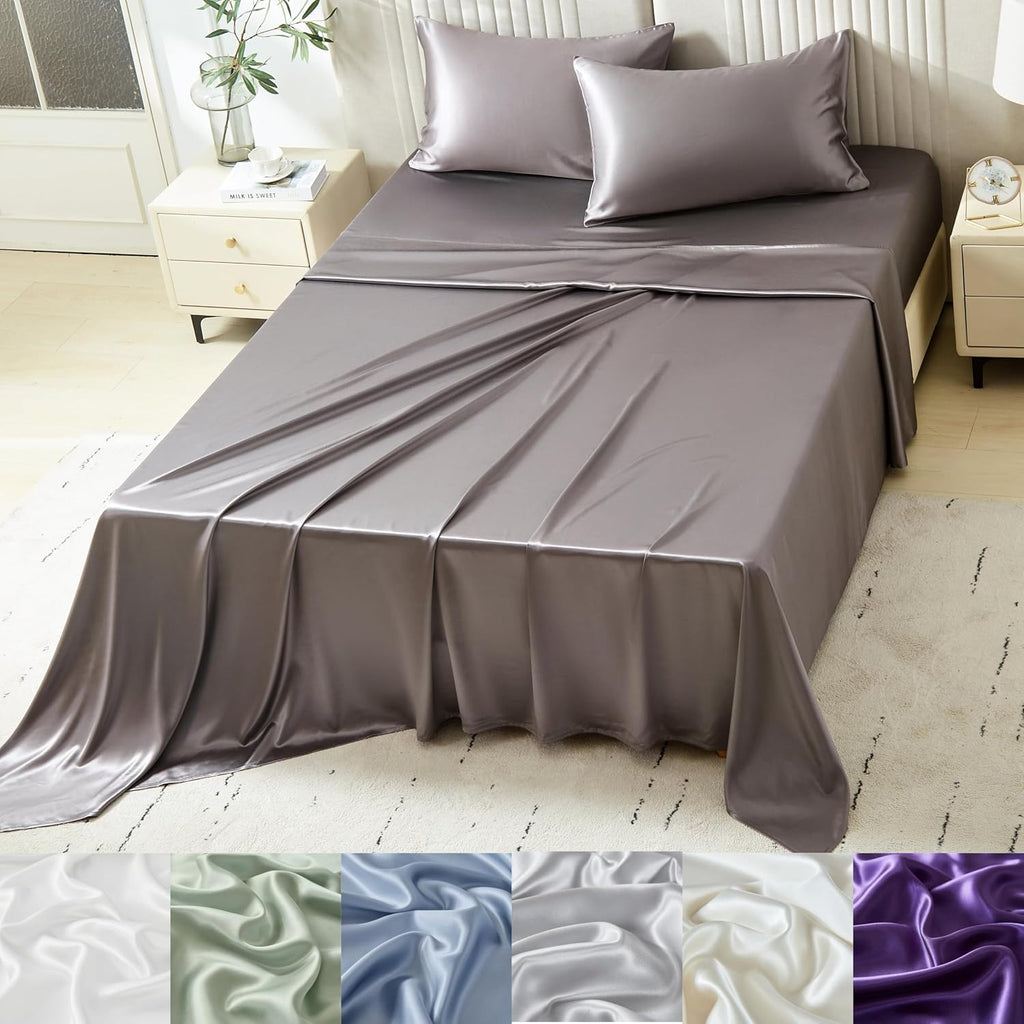 Mulberry Park Silks - 22 Momme 100% Mulberry Silk Sheets - Queen Size Bed Set - 16' Pocket - Luxurious Bed Sheets & Pillowcases, Skin-Friendly & Breathable - Charmeuse Silk for Hair Care - Gunmetal