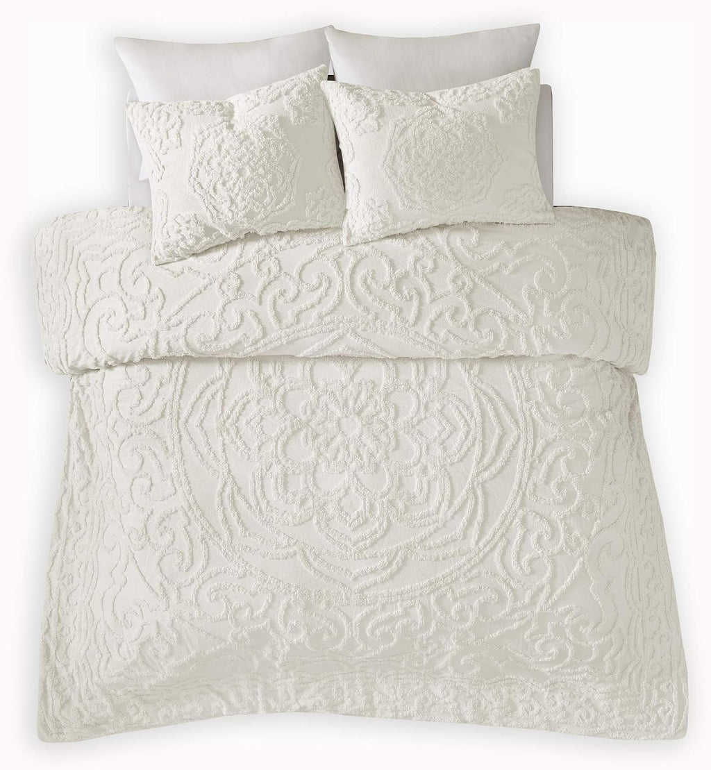 Madison Park Laetitia 100% Cotton Duvet Set - Chenille Tufted Medallion Design, All Season Cozy Bedding Shabby Chic Comforter Cover, Matching Shams, Floral Off White King/Cal King(104'x92') 3 Piece