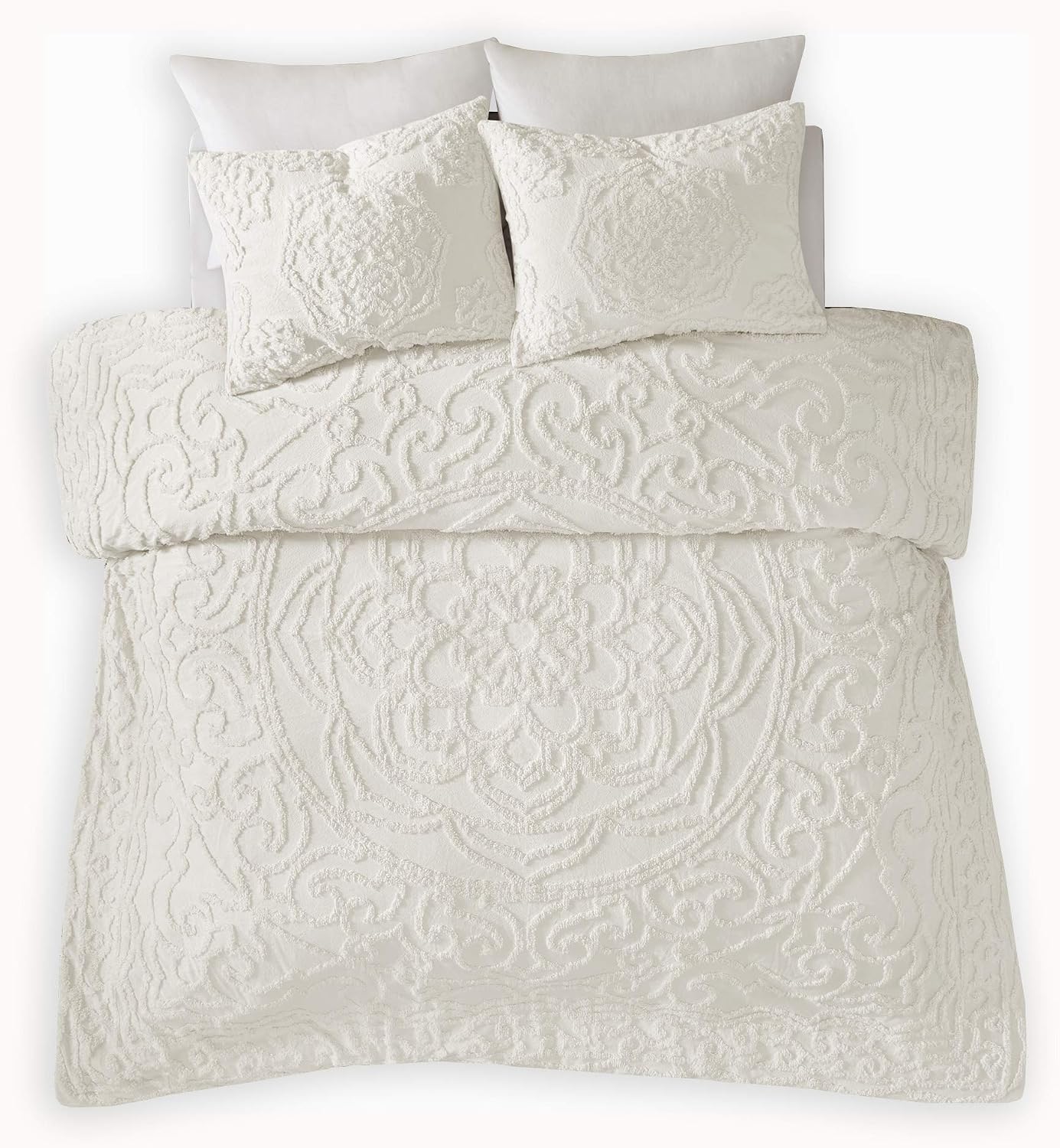 Madison Park Laetitia 100% Cotton Duvet Set - Chenille Tufted Medallion Design, All Season Cozy Bedding Shabby Chic Comforter Cover, Matching Shams, Floral Off White King/Cal King(104'x92') 3 Piece