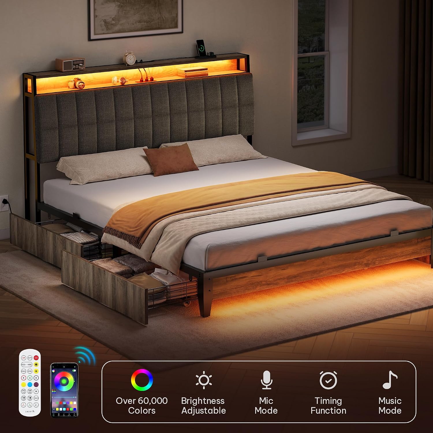 YITAHOME Full Size Bed Frame with RGB LED Lights and 4 Drawers, Upholstered Platform Bed with Charging Station and Storage Headboard, No Box Spring Needed, Noise-Free, Fast Assembly, Rustic Grey