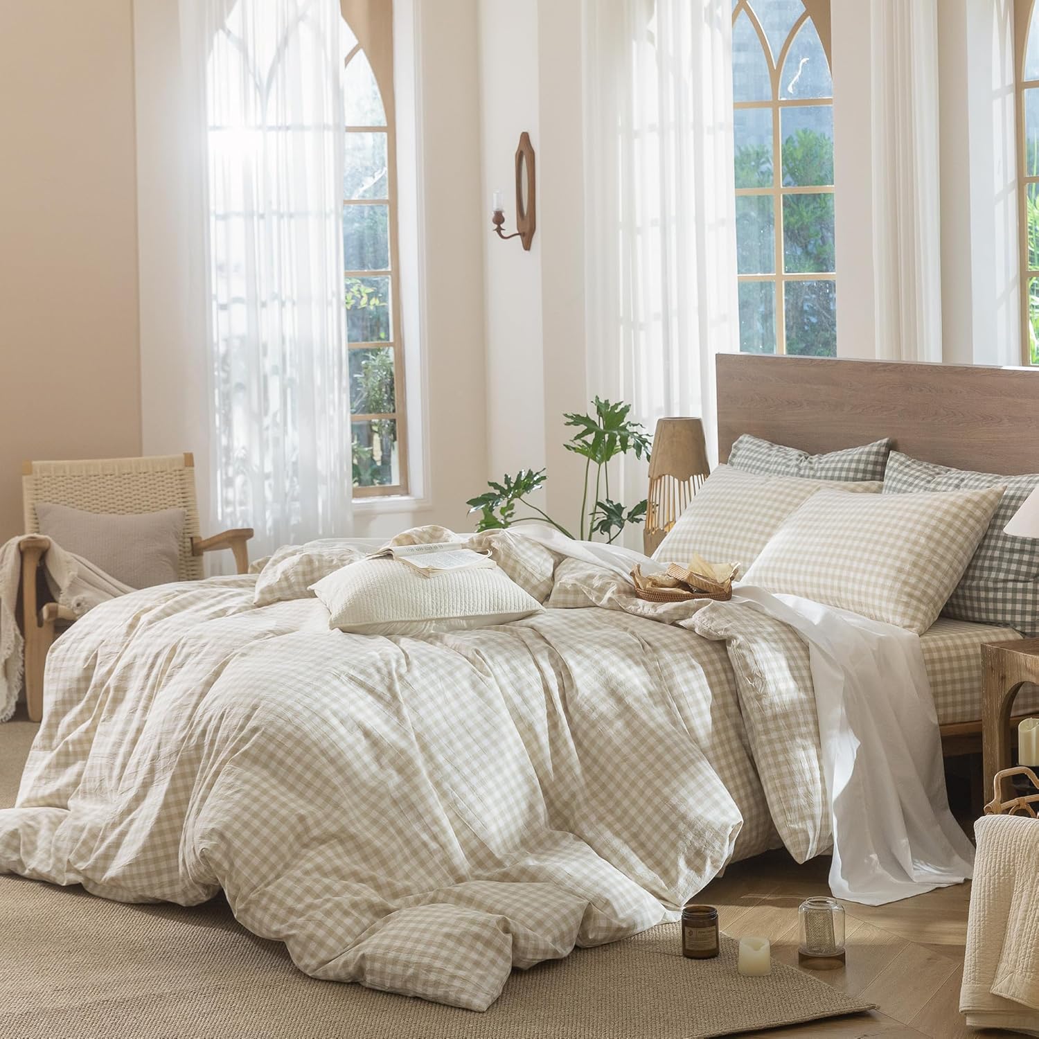 MooMee Gingham Duvet Cover Set 100% Washed Cotton Linen Like Textured Breathable Durable Soft Comfy Modern Checkered Design (Almond Milk Grey Gingham, Super King 108'x98')