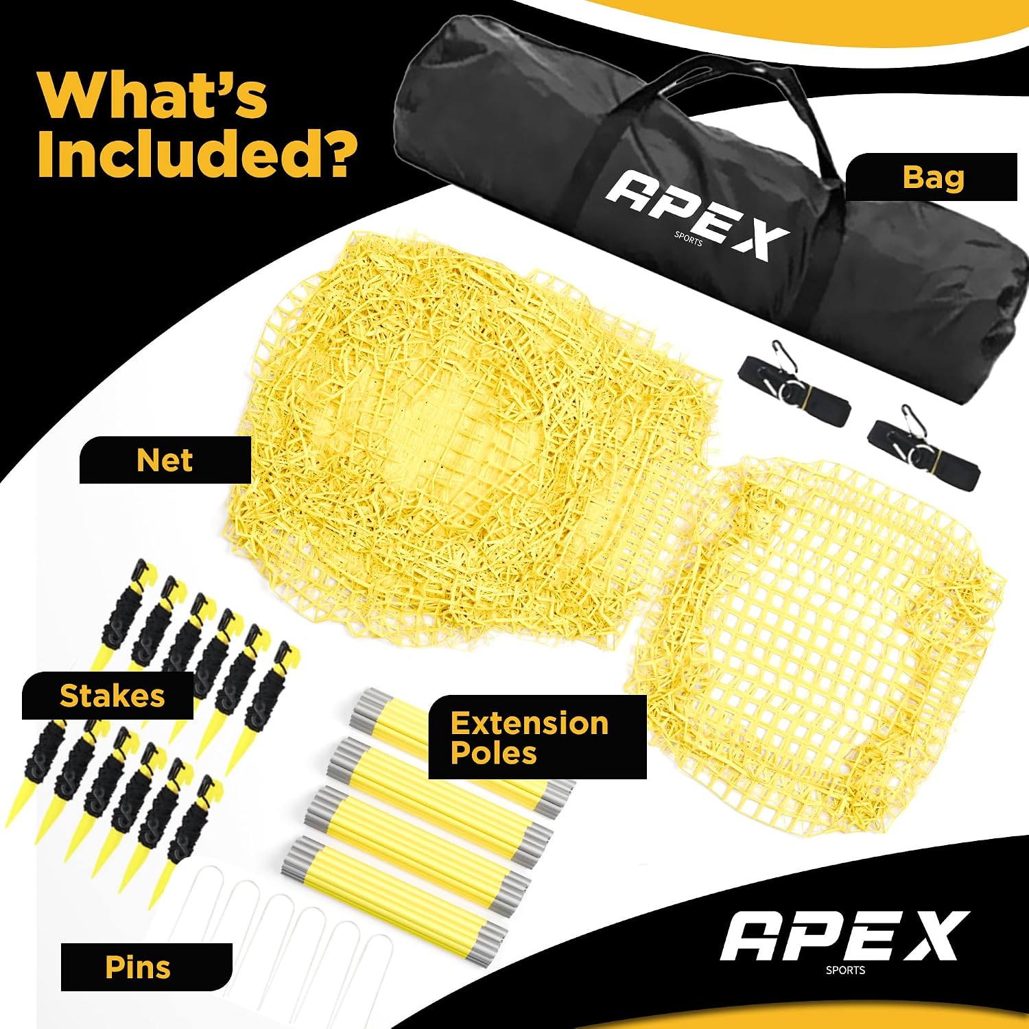 Apex Sports Portable 22ft x 12ft x 8ft Baseball & Softball Batting Cage with Pitching Machine Hole, 3ply 1.25'' Yellow Netting, Secure Steel Poles, 12.7MM Fibreglass Poles, Carry Bag Included