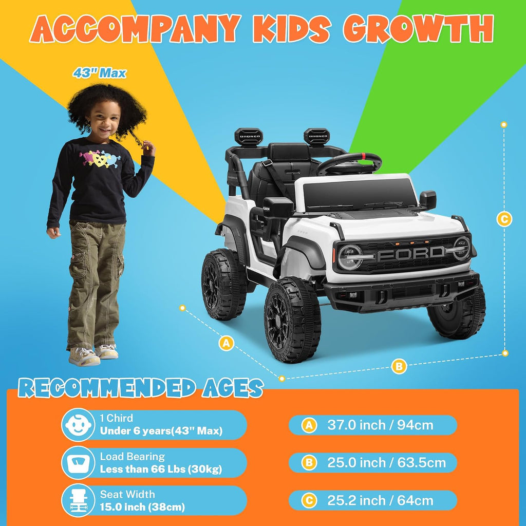 ENYOPRO 12V Electric Car for Kids Licensed Ford Bronco Raptor, Battery Powered Toddler Ride on Car w/Remote Control, Power Pedal & Durable Wheels, Soft Start, Bluetooth, LED Lights, Horn(White)