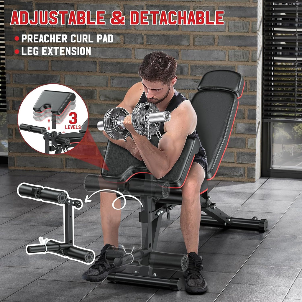 XDDIAS Workout Bench, Adjustable Weight Bench with Leg Extension and Leg Curl, Extended Headrest, 900LBS Preacher Curl Bench Incline Decline Flat Workout Bench for Home Gym Full Body Exercise