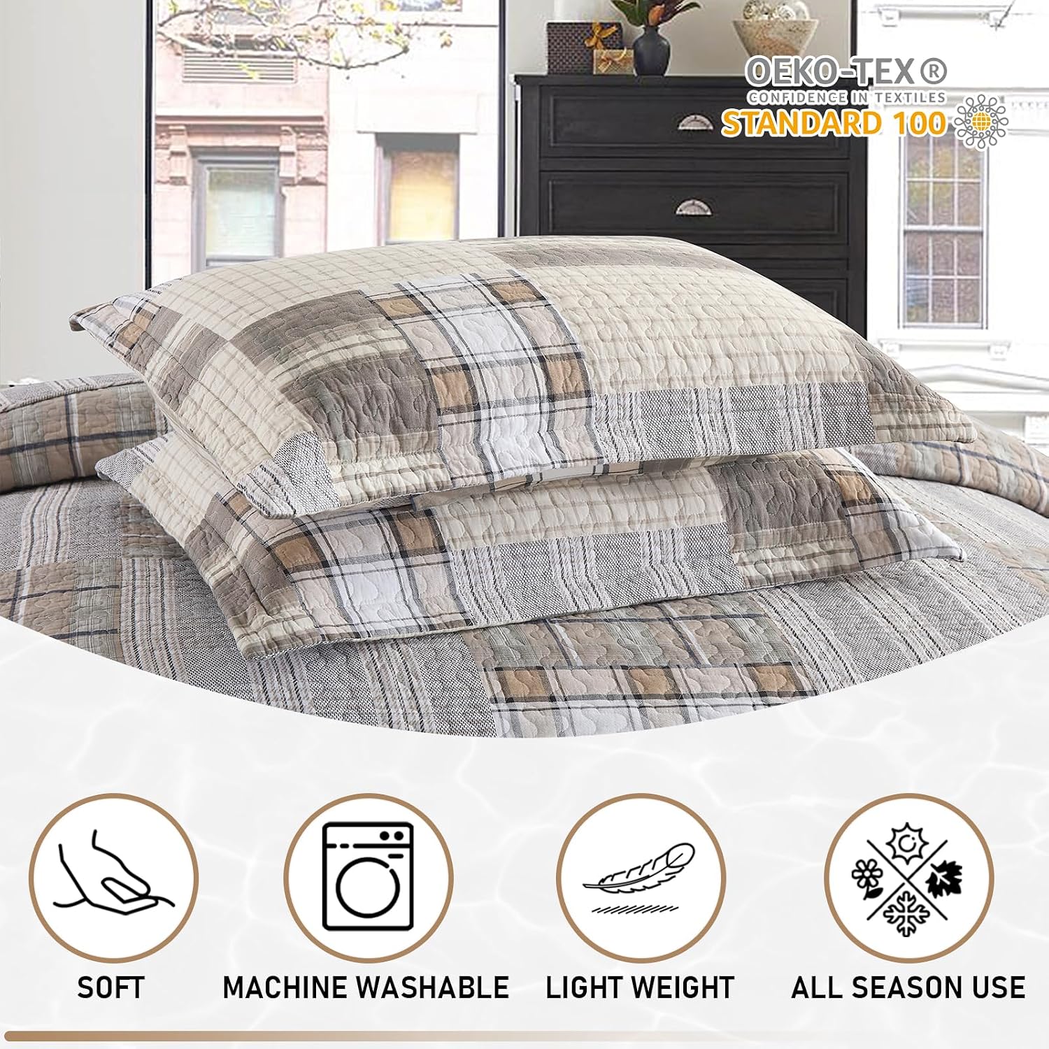KALOOLA 100% Cotton Quilt Set King Size, Farmhouse Plaid Quilted Bedspread with 2 Pillow Shams, 3 Pieces Rustic Reversible Lightweight Bedding Coverlet for All Season, Brown/Beige/White