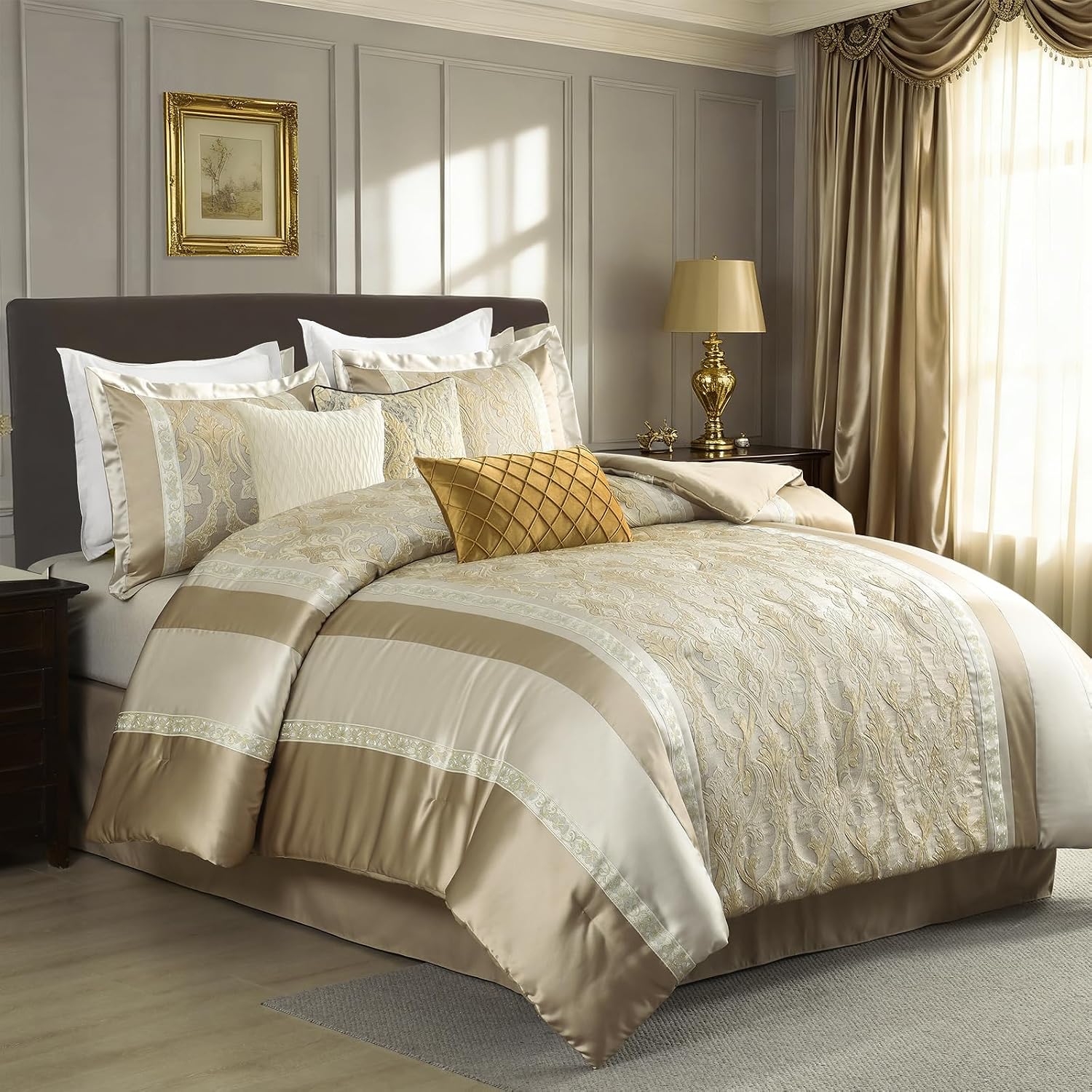 SahSahCasa 7-Piece Luxury California King Comforter Set, Cal King Comforter, Bed in a Bag California King, Jacquard Fluffy Comforter Bedding Set with Bedskirt, Pillows, Down-Alternative, Champagne