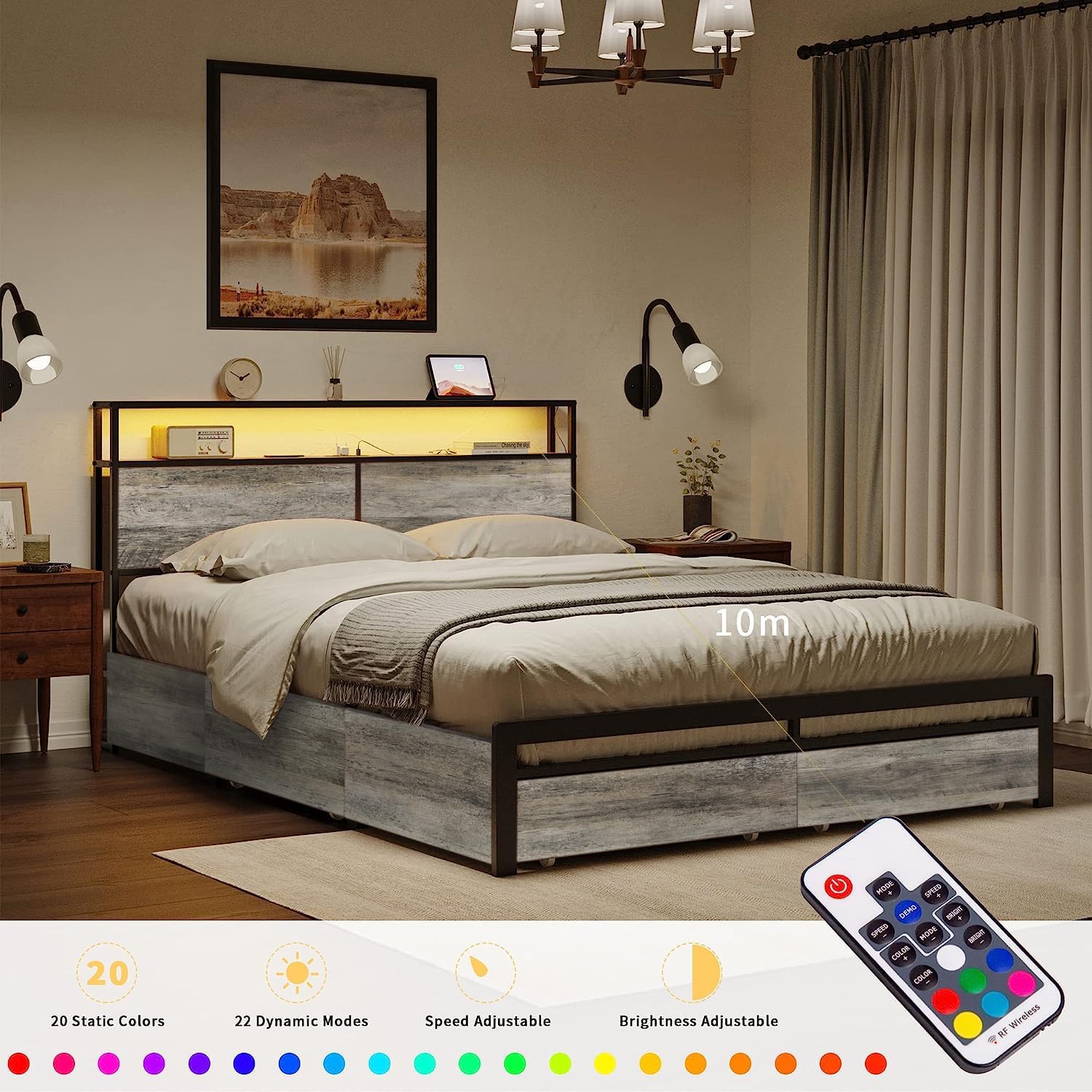 HAUSOURCE LED Bed Frame Full Size with Headboard & 4 Storage Drawers Platform Bed Frame with 2 Charging Outlets and 2 USB Ports Strong Metal Slats Support No Box Spring Needed,Greige