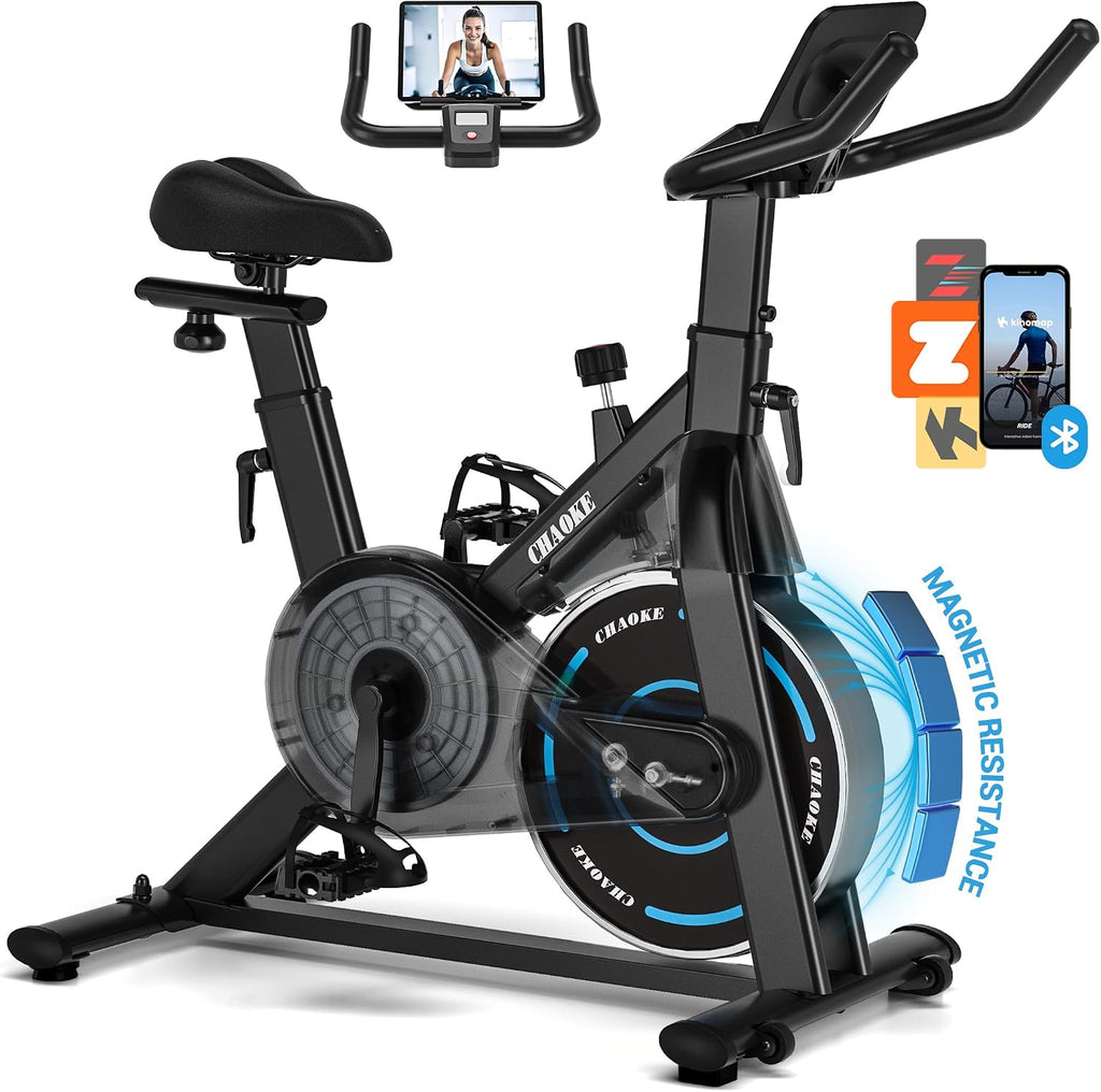 Exercise Bike, CHAOKE Quiet Adjustable Magnetic Resistance Stationary Bike for Home Cardio with App Compatible, 350LB Weight Capacity Indoor Cycling Bike with Comfortable Seat & Digital Display