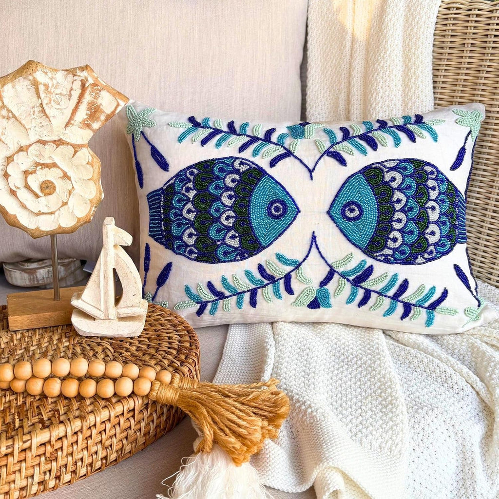 The HomeCentric Decorative Oblong/Lumbar Throw Pillow Covers Accent Pillows Couch Sofa Pillow Case Pack of 2, 12'x24' (30x60 cm) White Silk Dupioni Bead Embroidery - Fish Tales