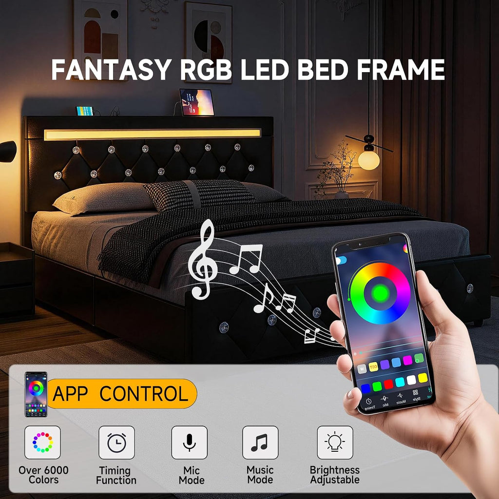 Queen Size Bed Frame, Storage Bed with 4 Drawers and Adjustable Headboard, Upholstered Platform Bed with Handy Charging Station and LED Light, Noise Free, Easy Assembly, No Box Spring Needed, Black