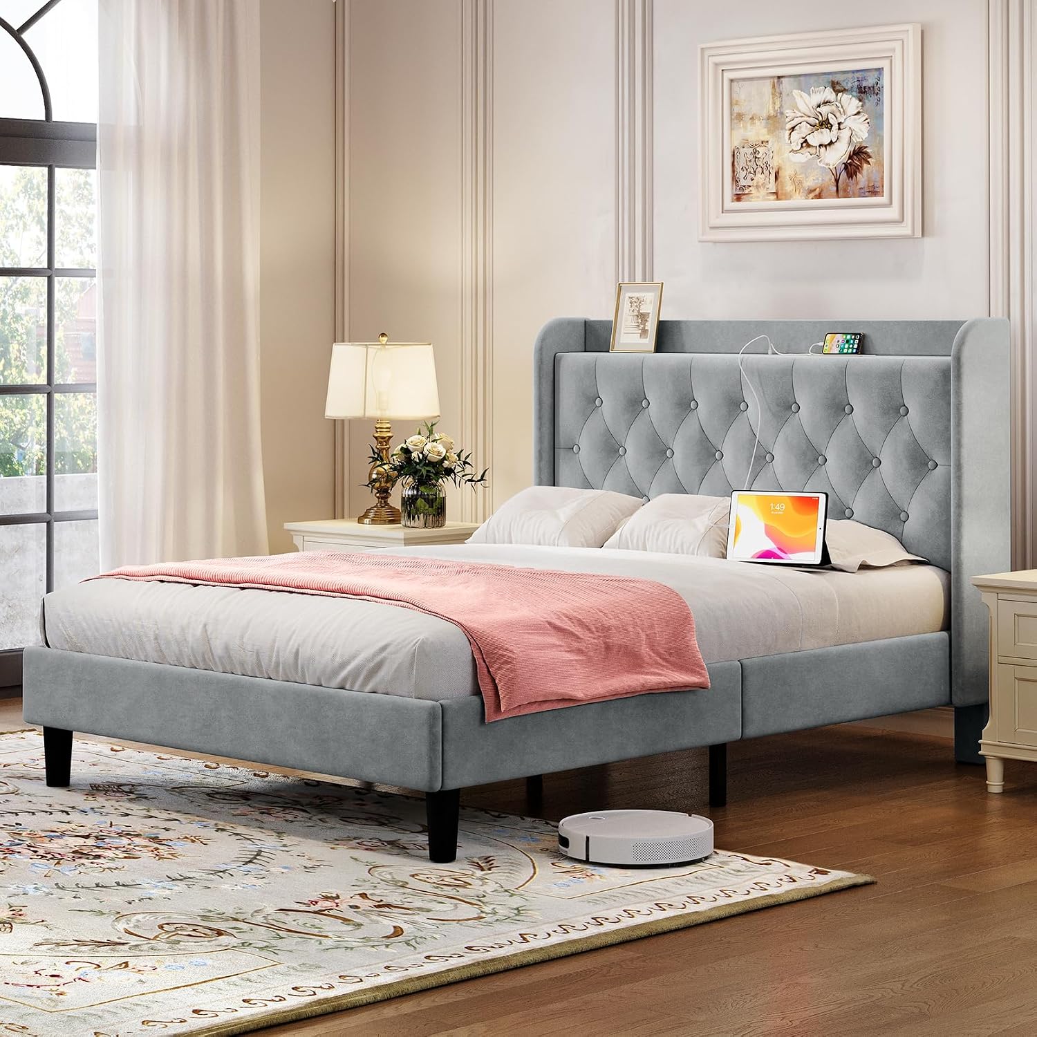koorlian Queen Bed Frame with Headboard, Adjustable Velvet Upholstered Bed Frame with Type-C&USB Ports, Wingback Storage Headboard, Solid Wood Slats Support, No Box Spring Needed, Light Gray