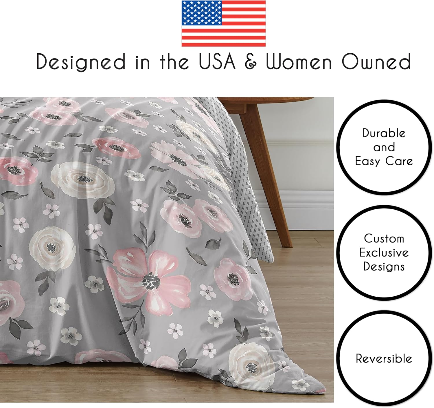 Sweet Jojo Designs Grey Watercolor Floral Girl Full/Queen Bedding Comforter Set Kids Childrens Size - 3 Pieces - Blush Pink Gray and White Shabby Chic Rose Flower Polka Dot Farmhouse