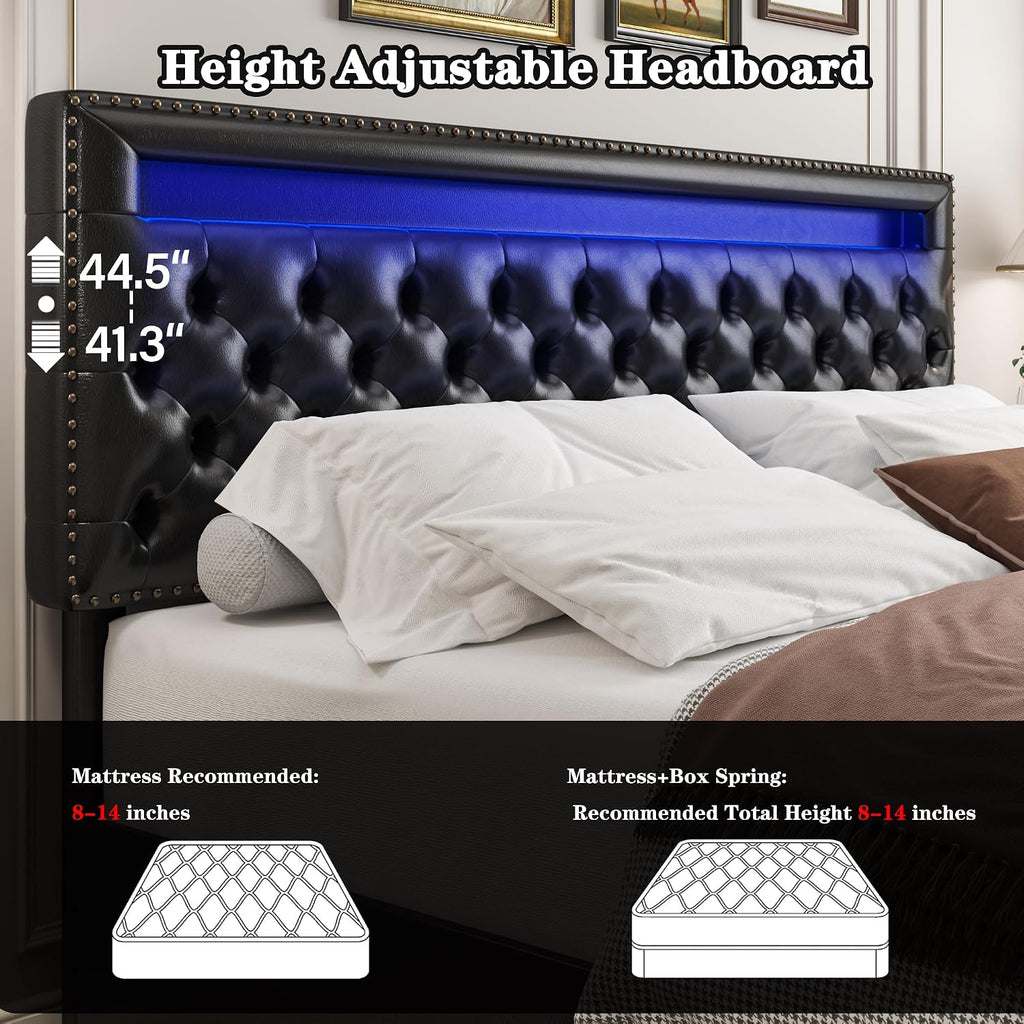 Queen LED Bed Frame with 4 Drawers, Platform Bed with Headboard, Adjustable Upholstered Diamond Headboard and Frame, No Box Spring Needed, Wooden Slats Support,PU Black