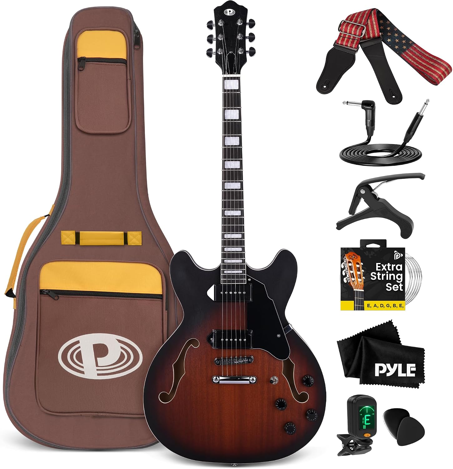 Pyle Semi Hollow Body Electric Guitar Set, 41.8' Full Size Jazz Instrument Kit with Gig Bag and Accessories, Matte Sunburst