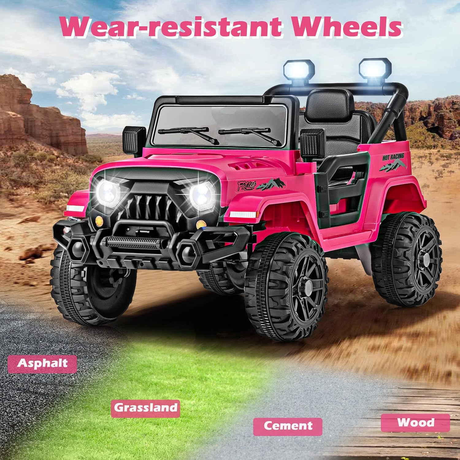 OLAKIDS Ride on Truck, 12V Battery Powered Electric Vehicle for Kids with Remote Control, Bluetooth, Power Display, LED Lights, Music Player, Ride on Toy for 3+ Boys Girls (Pink)