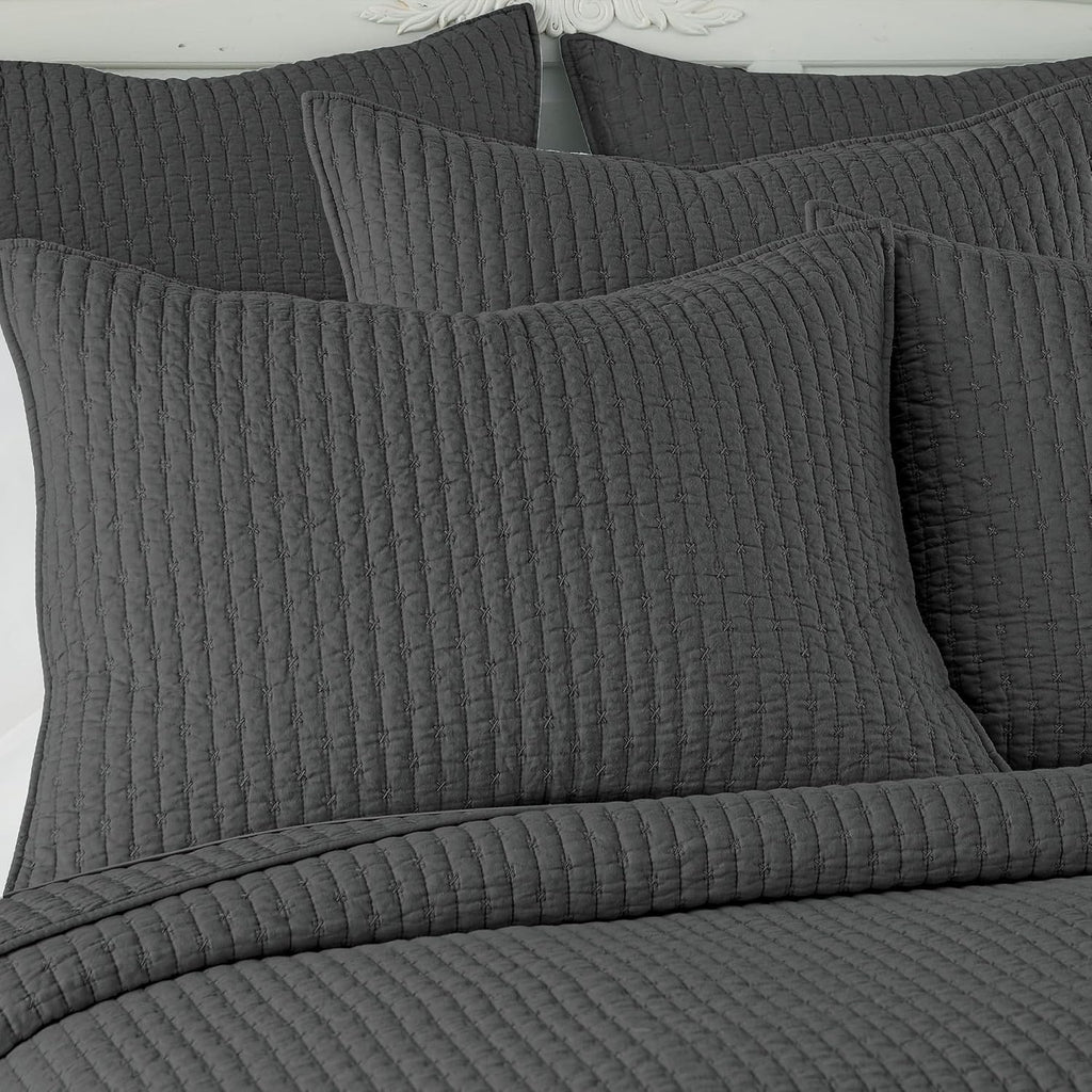 Levtex Home Cross Stitch Reversible King Bedspread Set (120x104in) with 2 Pillow Shams (36x20in) - Stitch Texture - Charcoal - Cotton King Size Bedspread Set - Soft, Pre-Washed