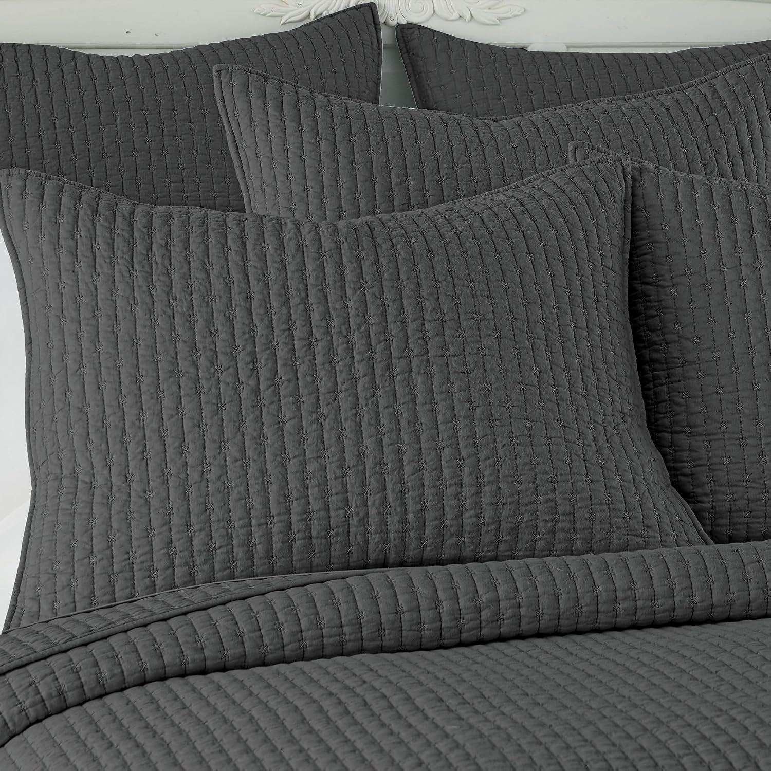 Levtex Home Cross Stitch Reversible King Bedspread Set (120x104in) with 2 Pillow Shams (36x20in) - Stitch Texture - Charcoal - Cotton King Size Bedspread Set - Soft, Pre-Washed
