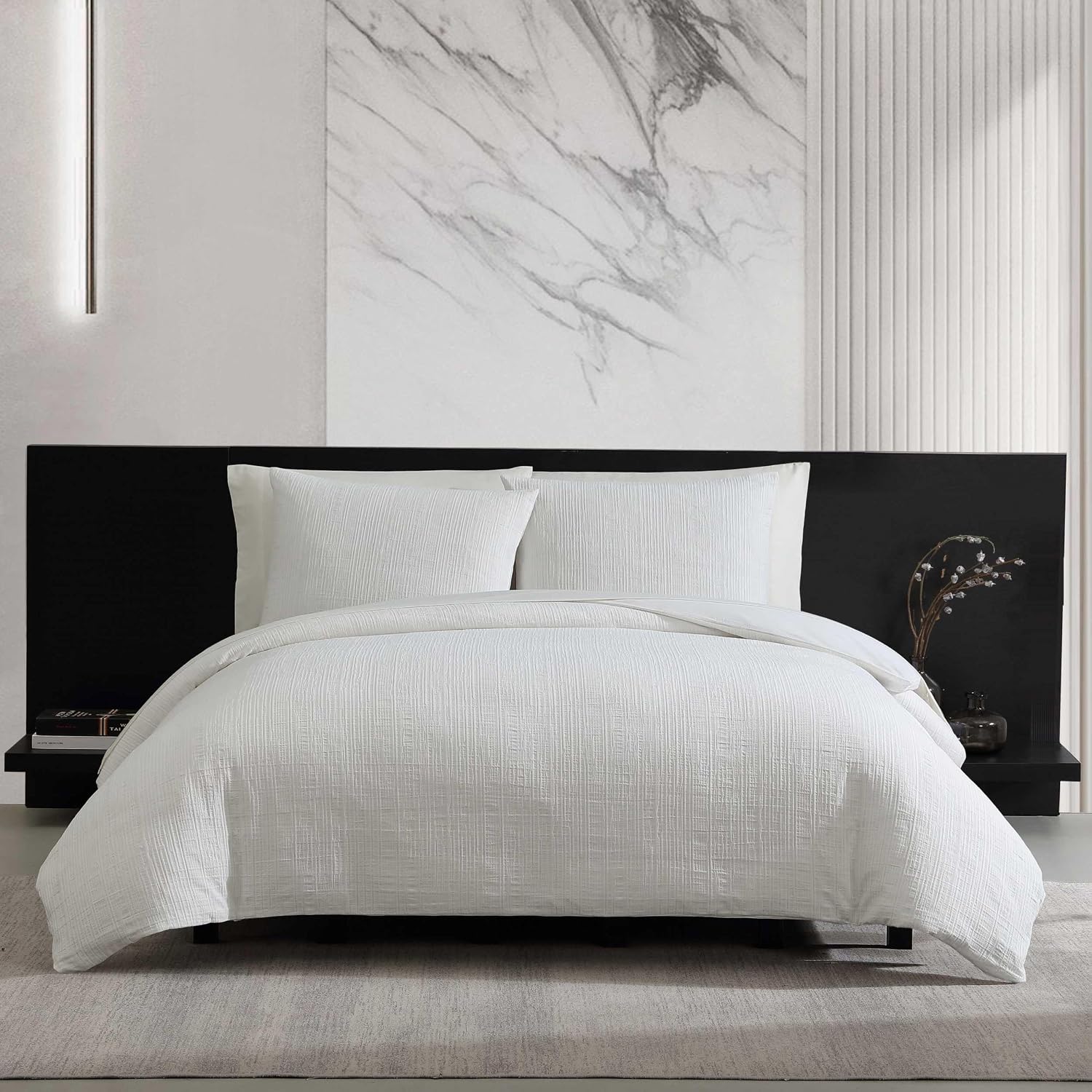 Vera Wang - Comforter Set, Luxurious Bedding Set with Matching Shams, Grid Pattern Design, Chic Room Essentials (Bark Texture White, Queen)